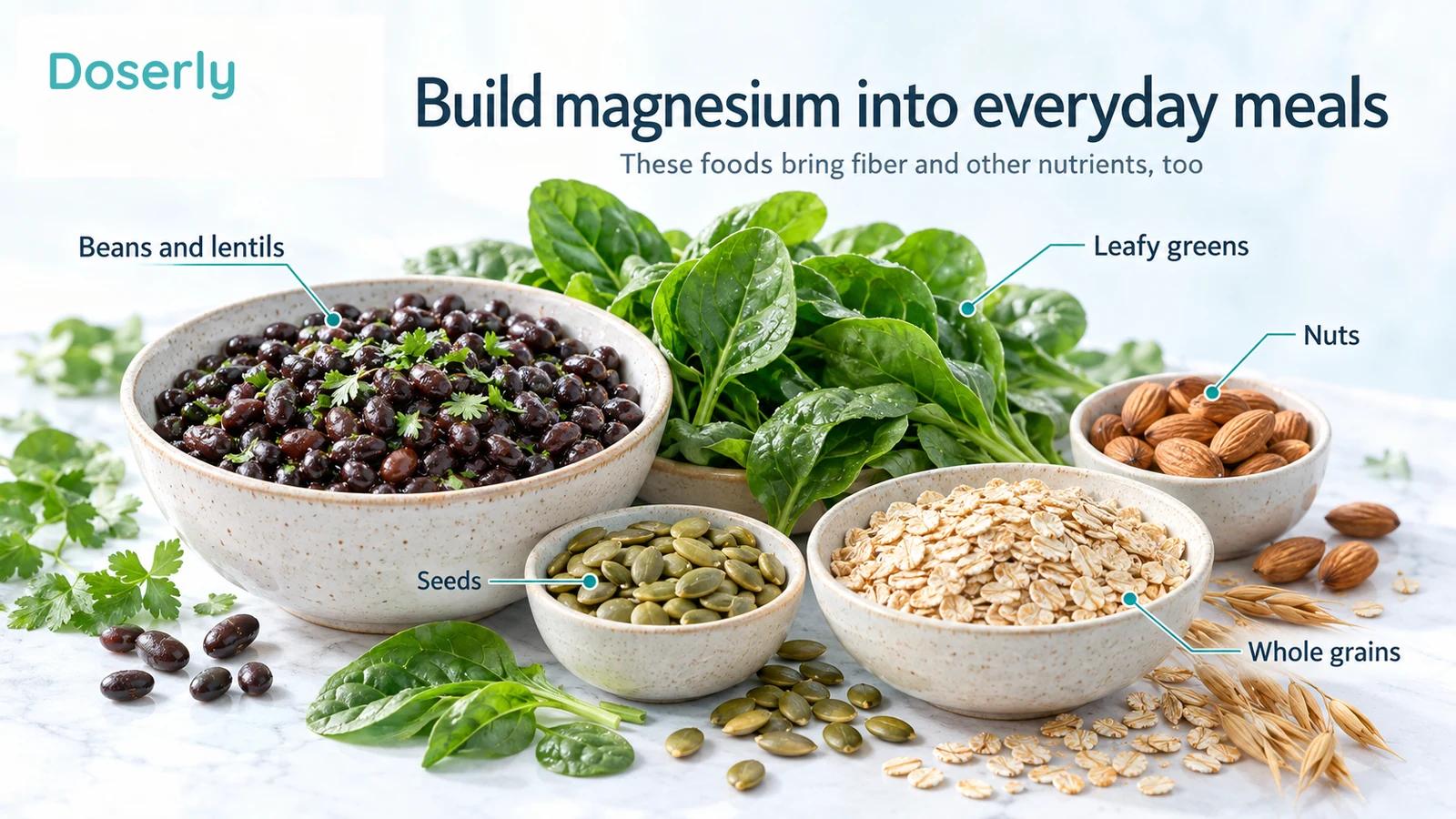 Beans, spinach, almonds, pumpkin seeds and oats illustrate everyday food sources of magnesium.