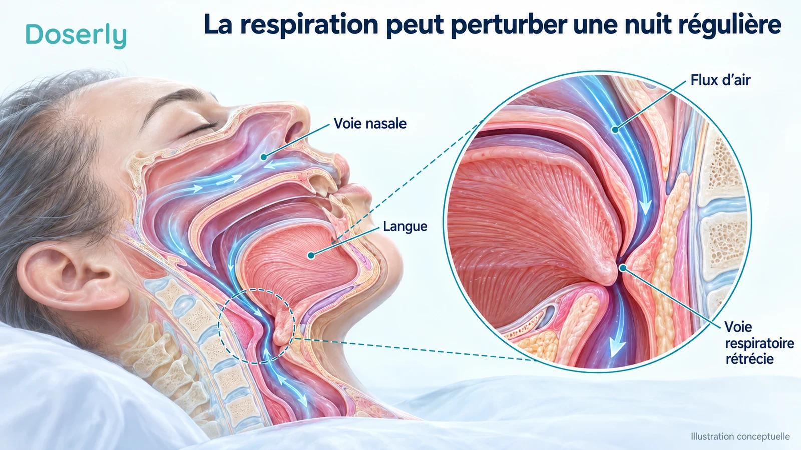 Anatomie conceptuelle des voies respiratoires supérieures pendant le sommeil, avec un agrandissement de la zone de rétrécissement derrière la langue.