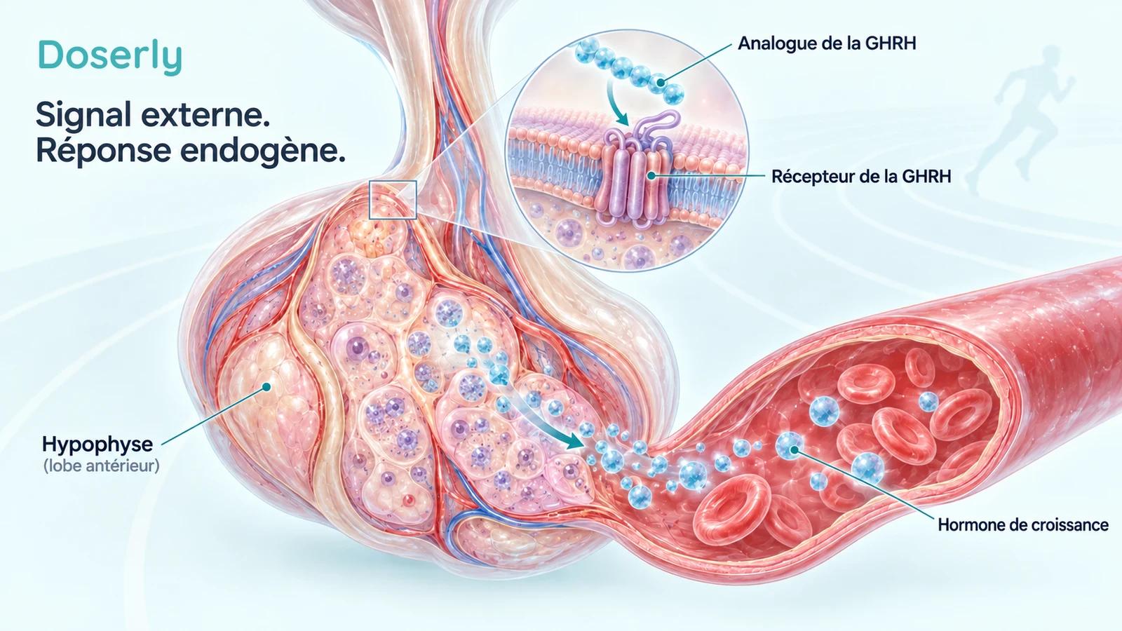Une illustration détaillée de l’hypophyse et des vaisseaux sanguins montre un analogue externe de la GHRH qui stimule la libération d’hormone de croissance endogène.