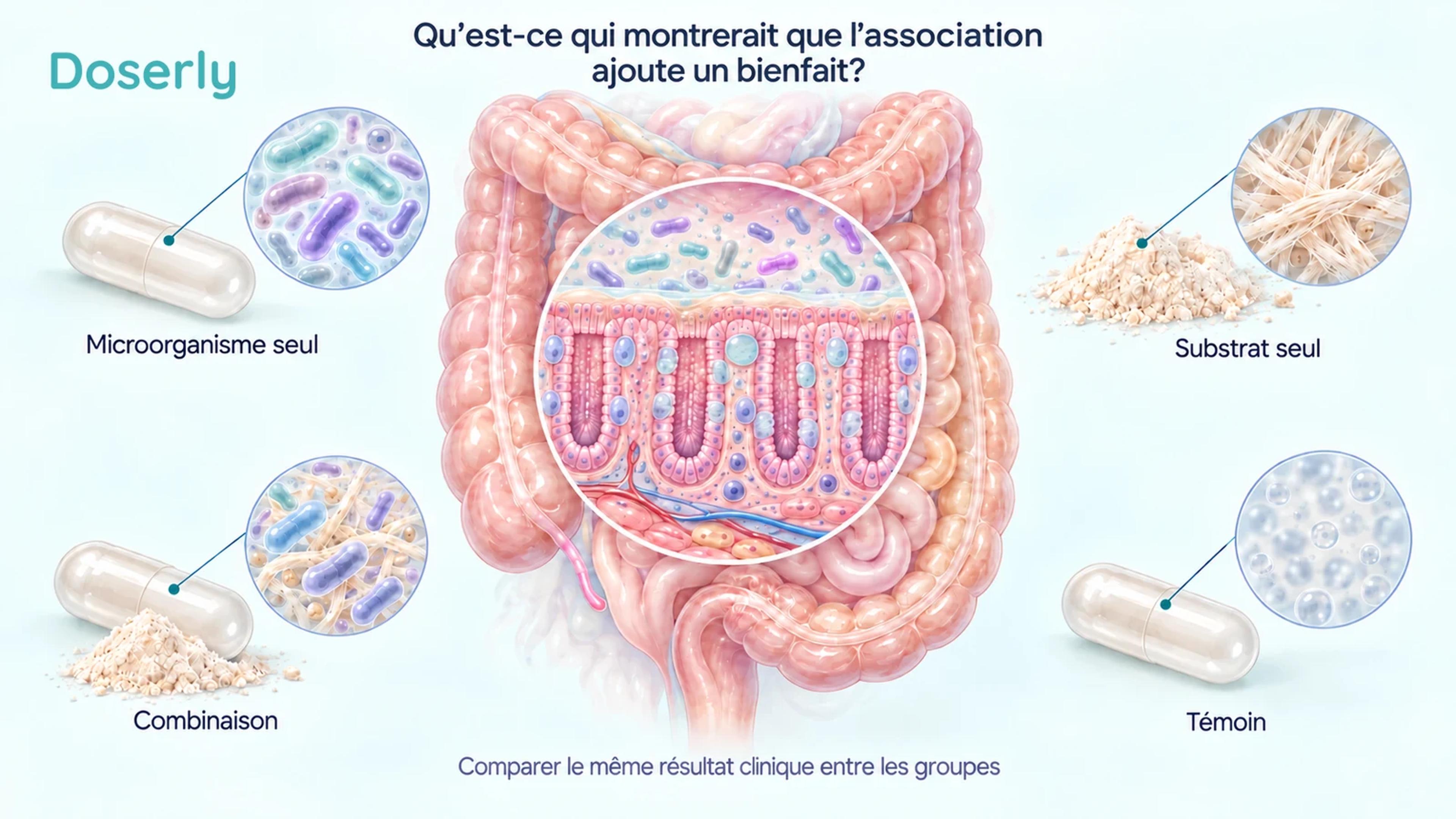 Quatre options expérimentales présentées sur un pied d’égalité autour d’un côlon détaillé et d’un encadré montrant les cryptes coliques : microorganisme seul, substrat seul, combinaison et témoin.