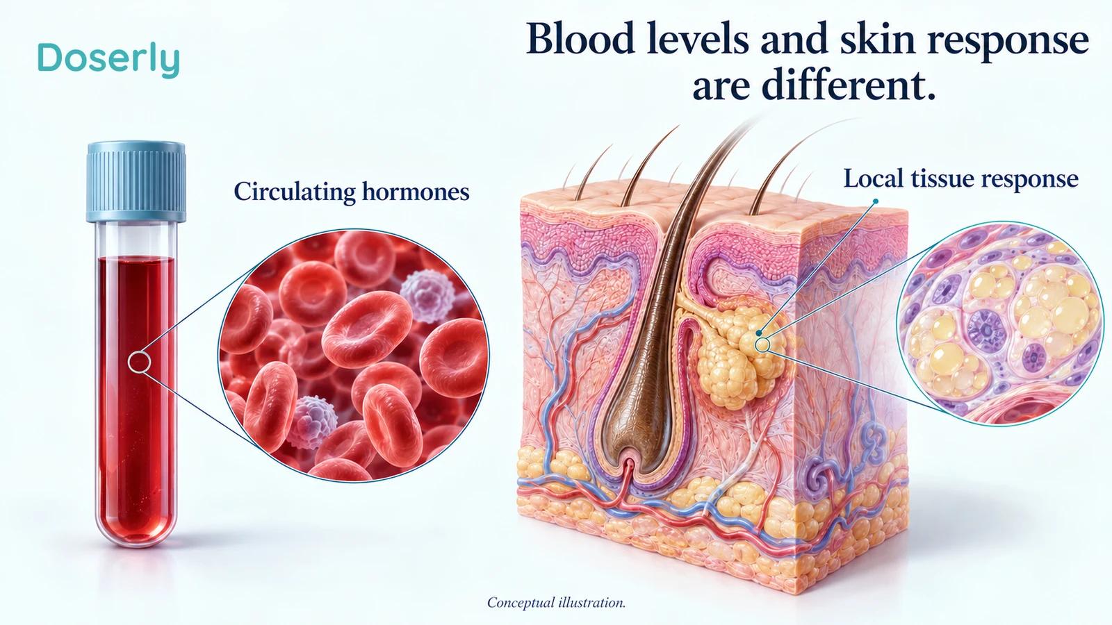 Conceptual comparison of a circulating blood sample and a detailed skin follicle with local androgen signaling.