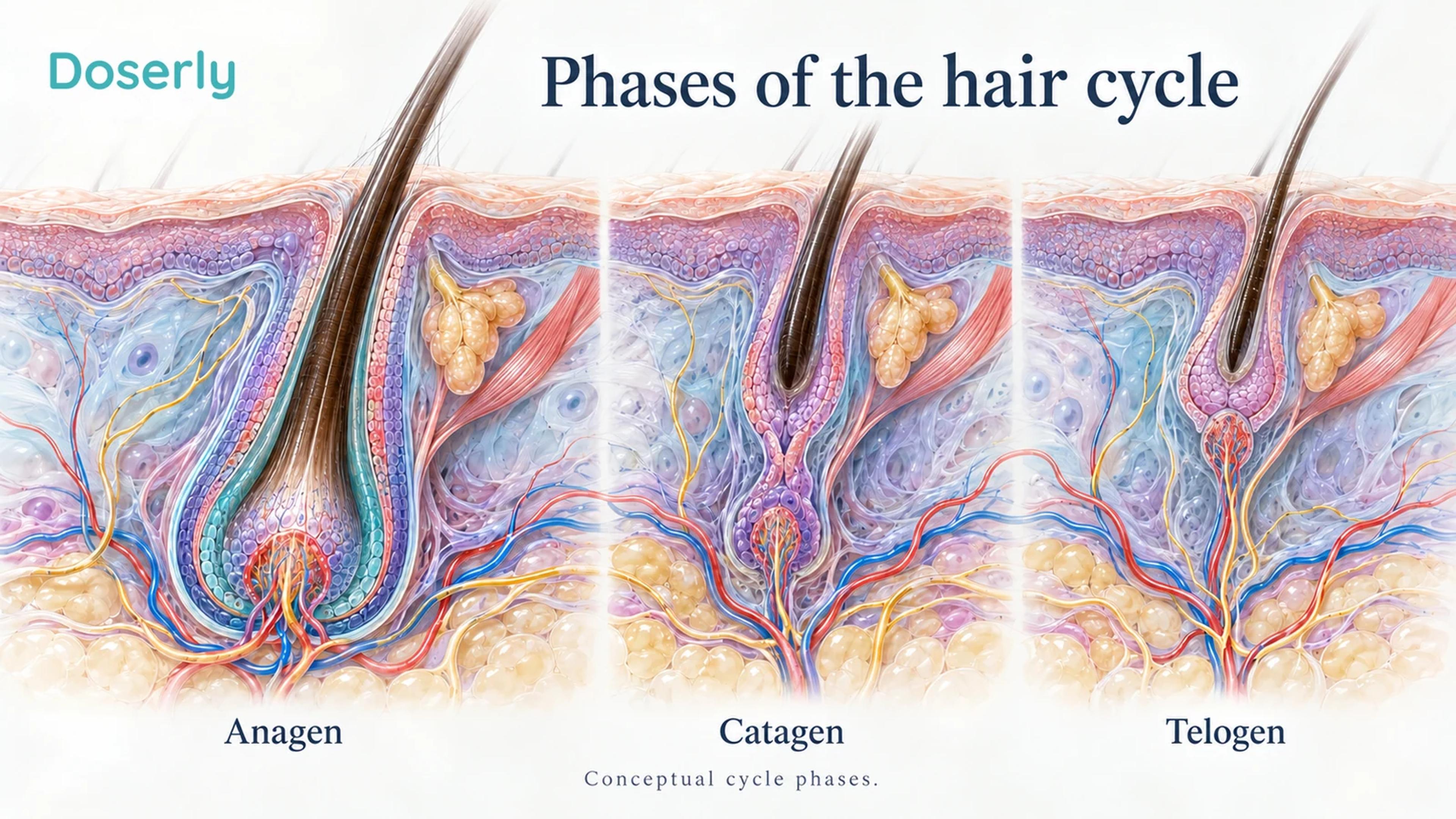 Three detailed follicle cross-sections illustrating anagen growth, catagen regression and telogen resting phases.