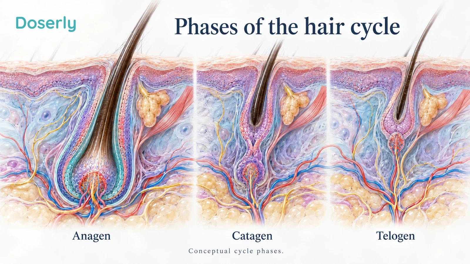 Three detailed follicle cross-sections illustrating anagen growth, catagen regression and telogen resting phases.