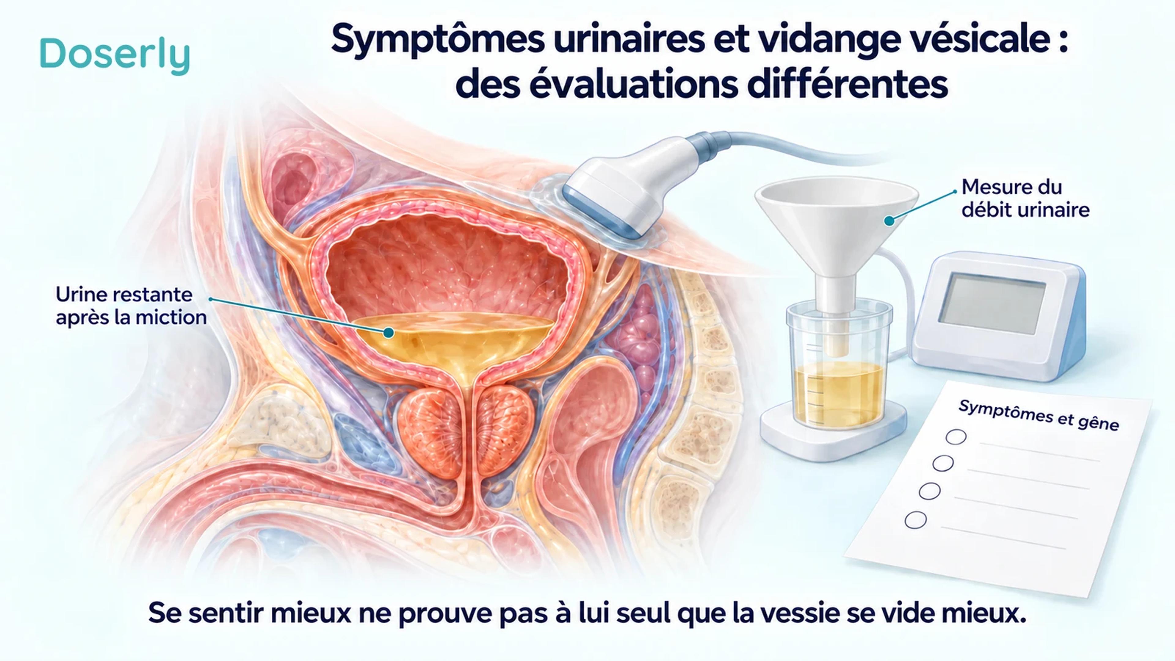 Une vue en coupe de la vessie avec une sonde d’échographie accompagne un appareil de collecte pour mesurer le débit urinaire et une fiche de symptômes sans score.