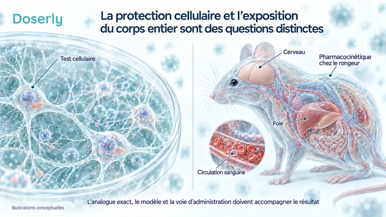 Une culture de cellules neuronales et une souris translucide illustrent des expériences distinctes sur l’activité cellulaire et l’exposition de l’organisme entier.