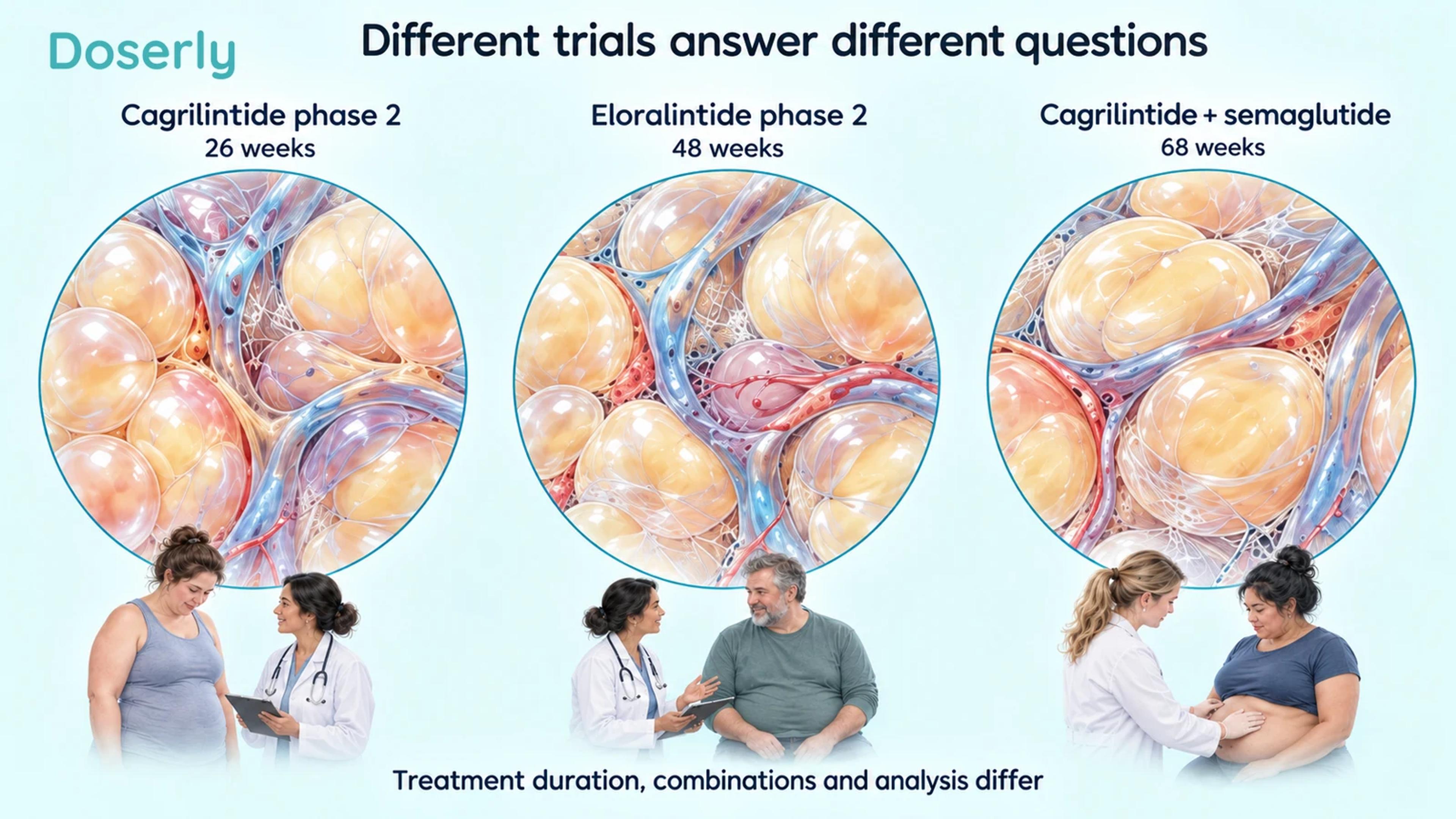 Three clinical research settings distinguish durations and single-drug versus combination trials.