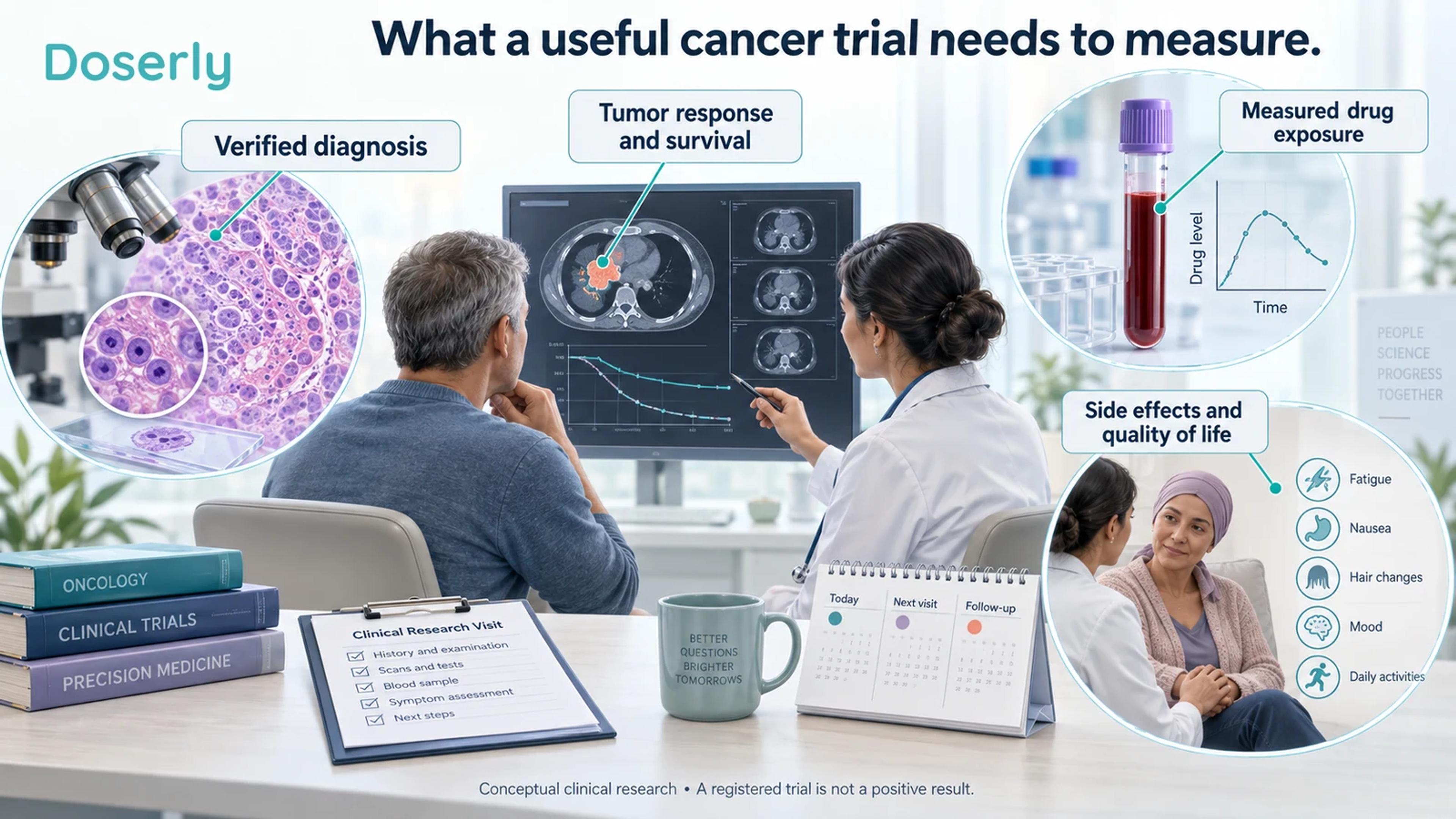 Conceptual clinical research visit illustrating confirmed diagnosis, drug-exposure measurements, tumor outcomes and quality-of-life assessment.