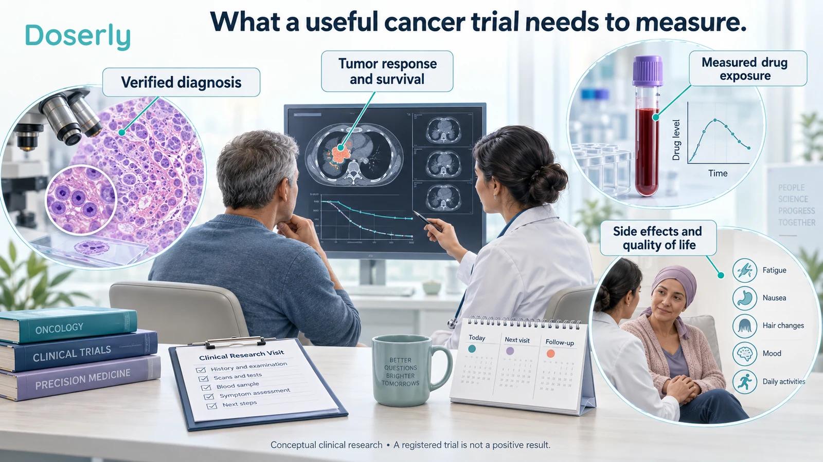 Conceptual clinical research visit illustrating confirmed diagnosis, drug-exposure measurements, tumor outcomes and quality-of-life assessment.