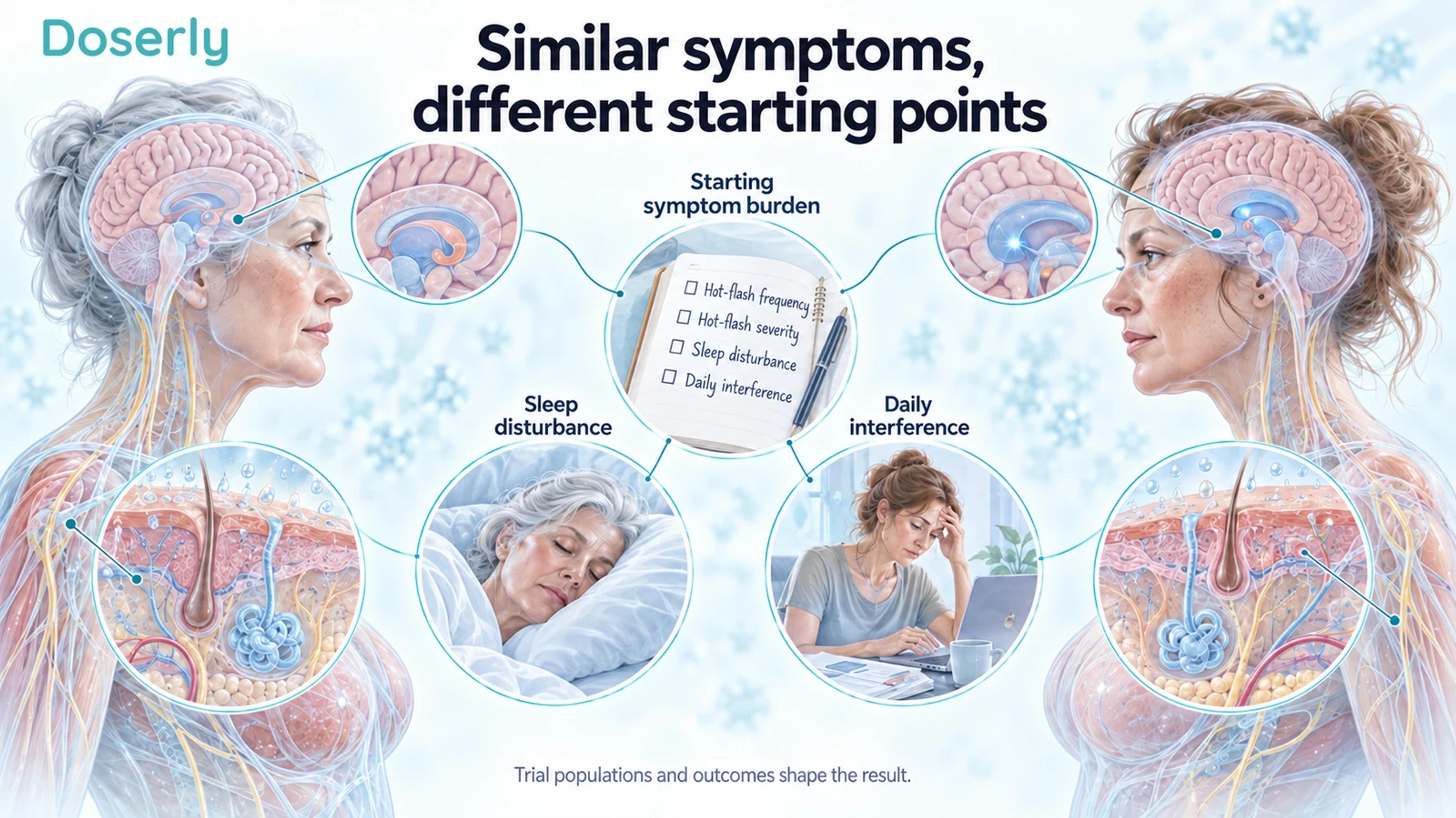 Two illustrated women with brain and sweat-gland cutaways around a diary, sleep scene and daily-activity scene, showing different symptom starting points.