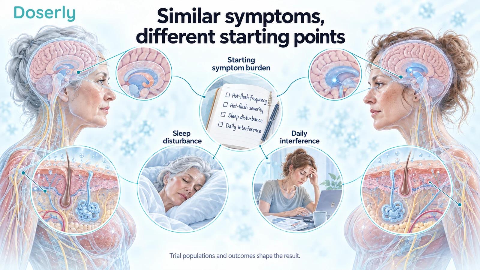 Two illustrated women with brain and sweat-gland cutaways around a diary, sleep scene and daily-activity scene, showing different symptom starting points.
