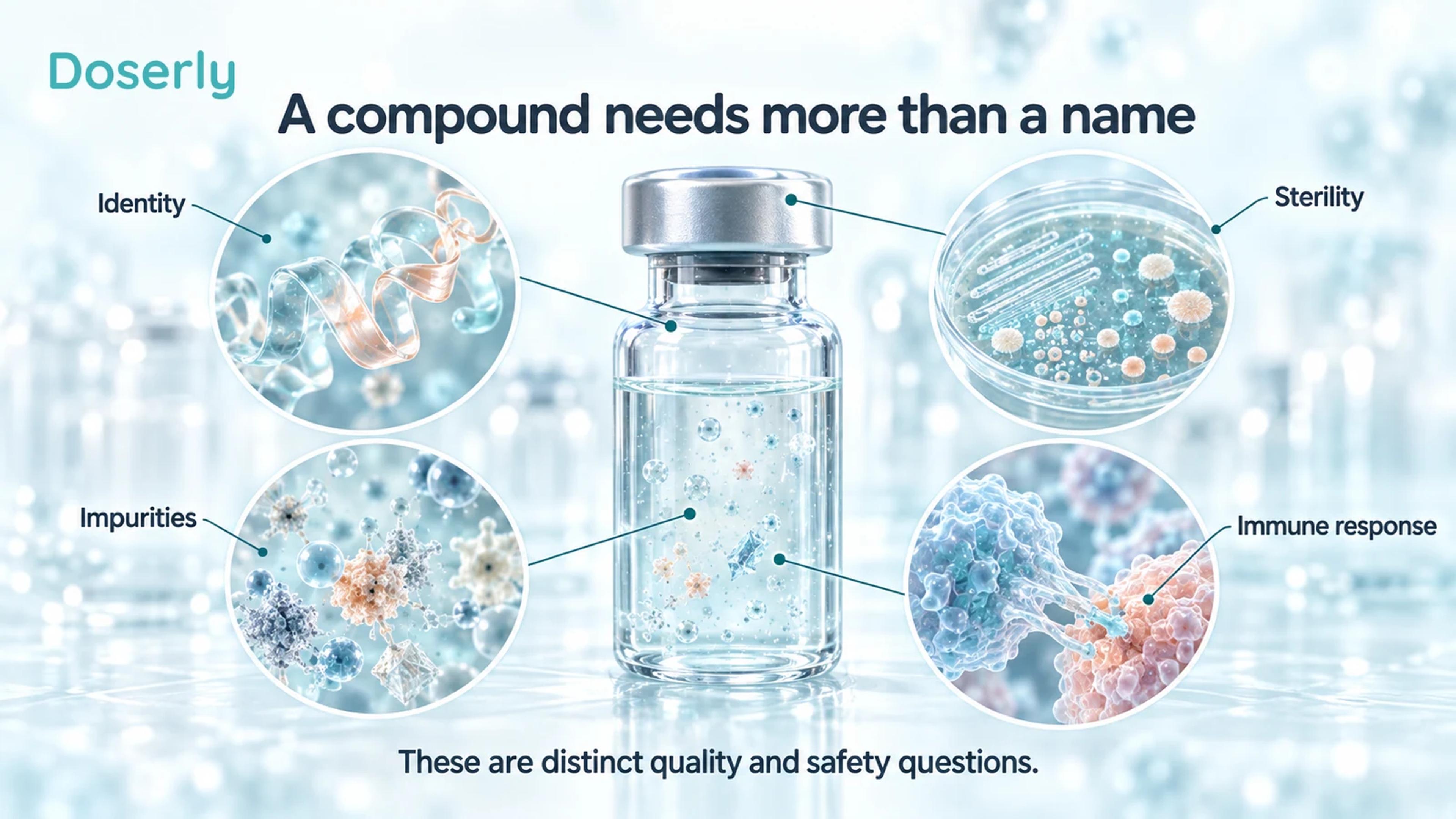 Research vial with enlarged views representing identity, impurities, microbiological testing and immune-response questions.