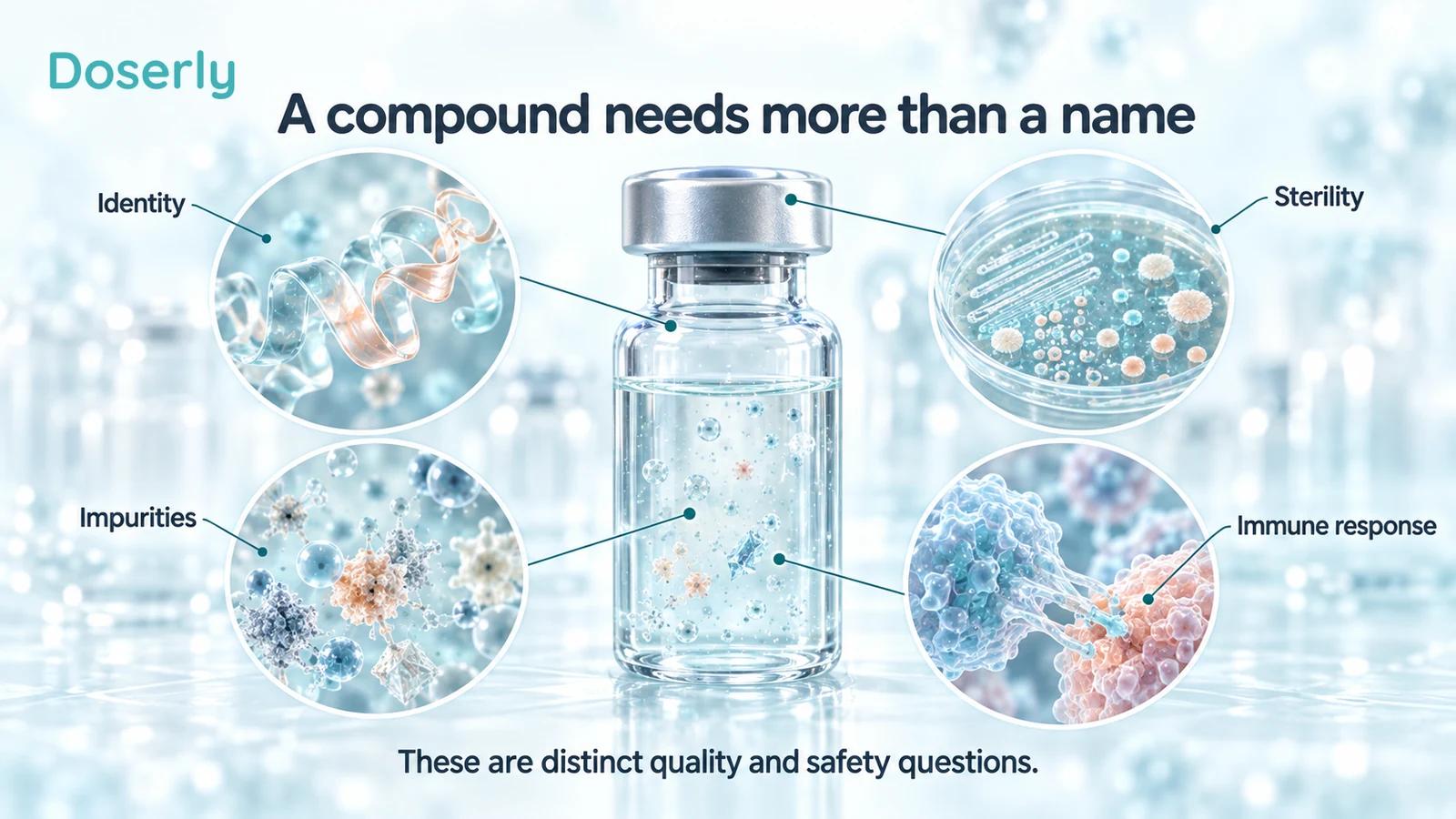 Research vial with enlarged views representing identity, impurities, microbiological testing and immune-response questions.