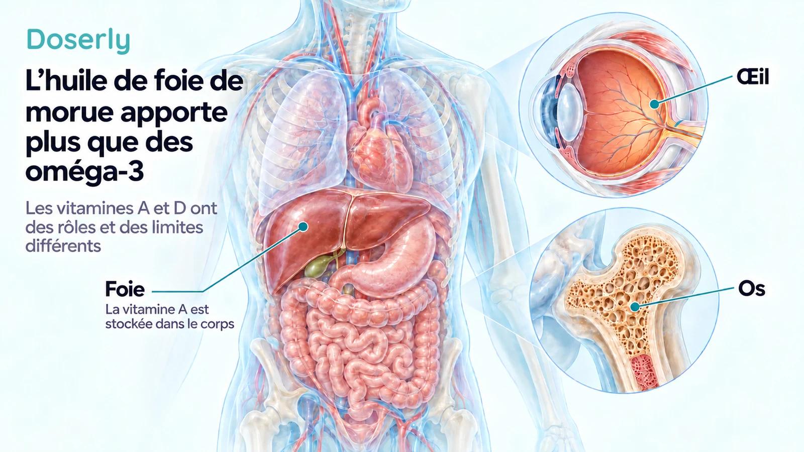 Torse translucide avec détails du foie, de l’œil et des os illustrant les rôles nutritionnels distincts des vitamines de l’huile de foie de morue