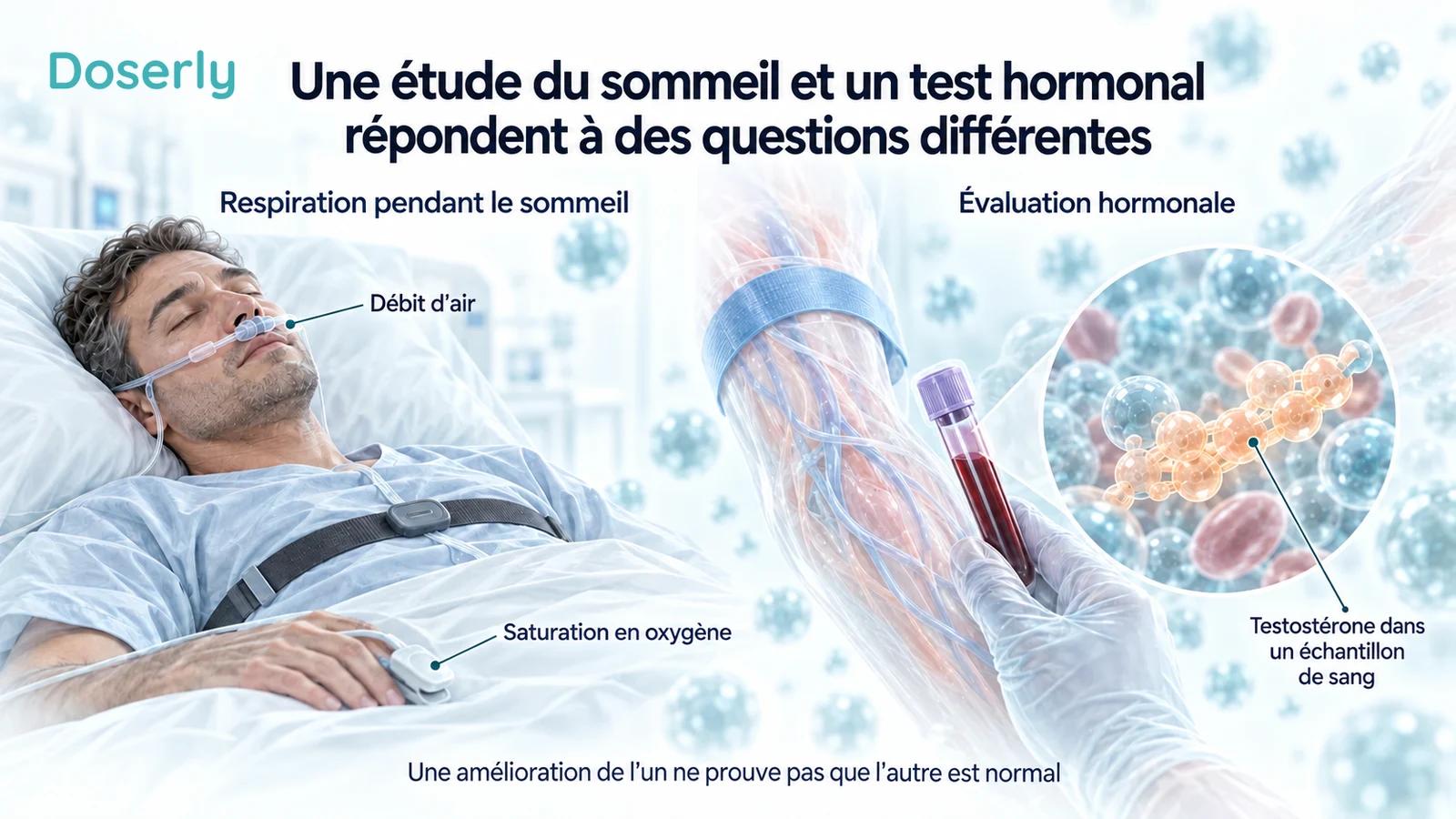 Des capteurs de débit d’air et d’oxygène pour une étude du sommeil, à côté d’un échantillon de sang, illustrent les évaluations distinctes de la respiration et de la testostérone.