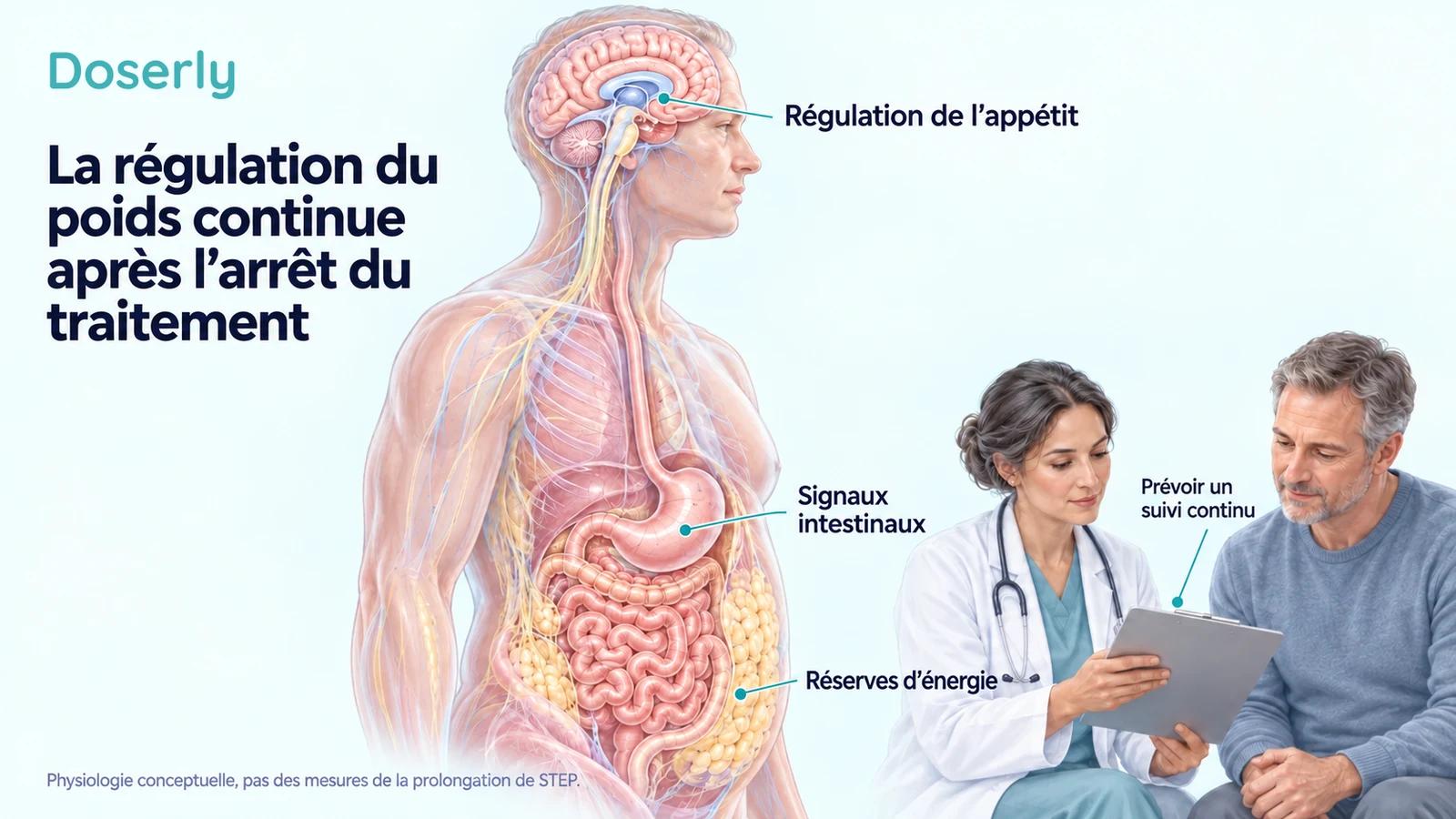 Représentation conceptuelle du cerveau, de l’intestin et des réserves d’énergie, à côté d’un clinicien qui discute du suivi continu.