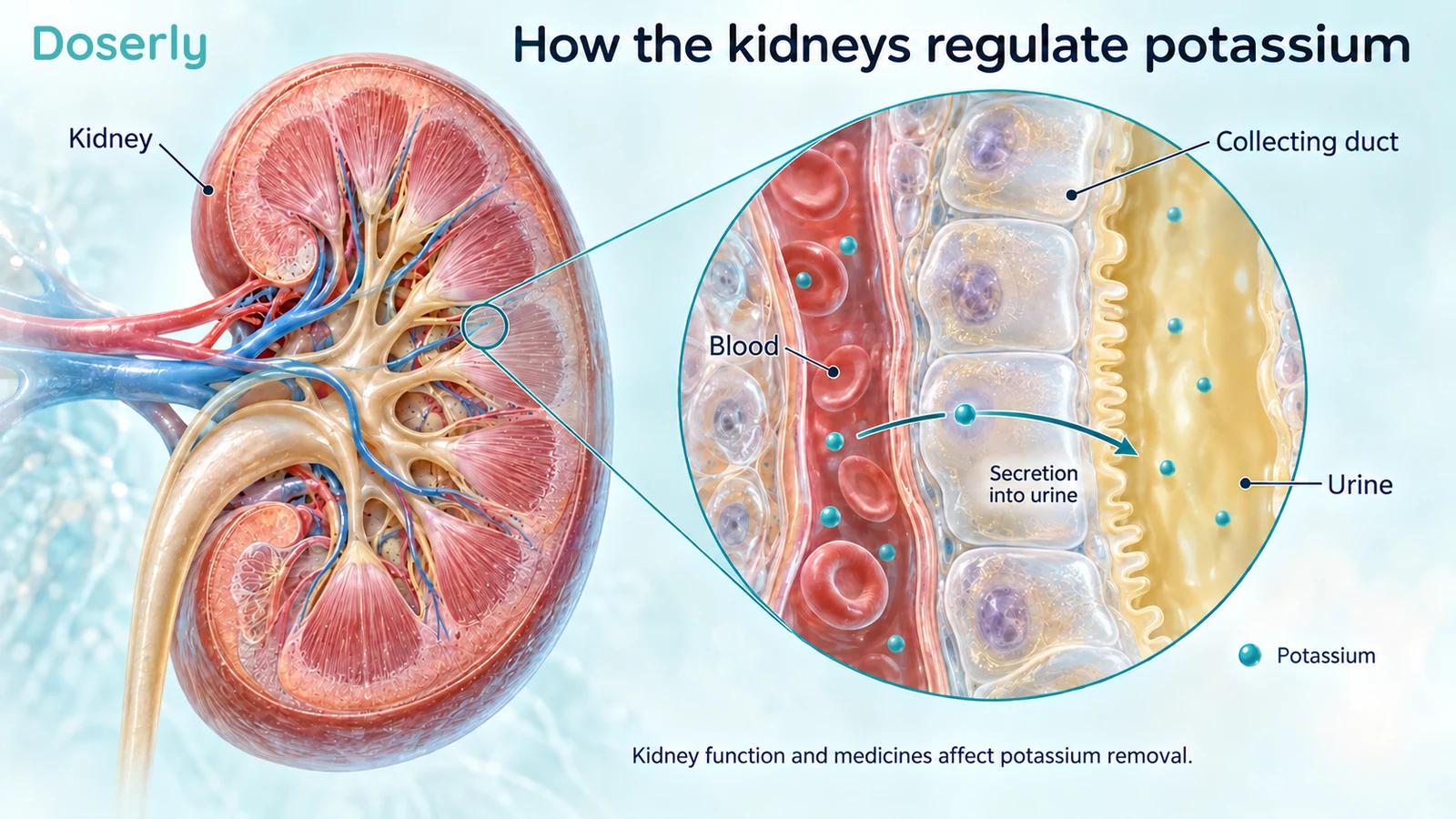 Cutaway kidney and collecting duct illustrating potassium secretion from blood toward urine.