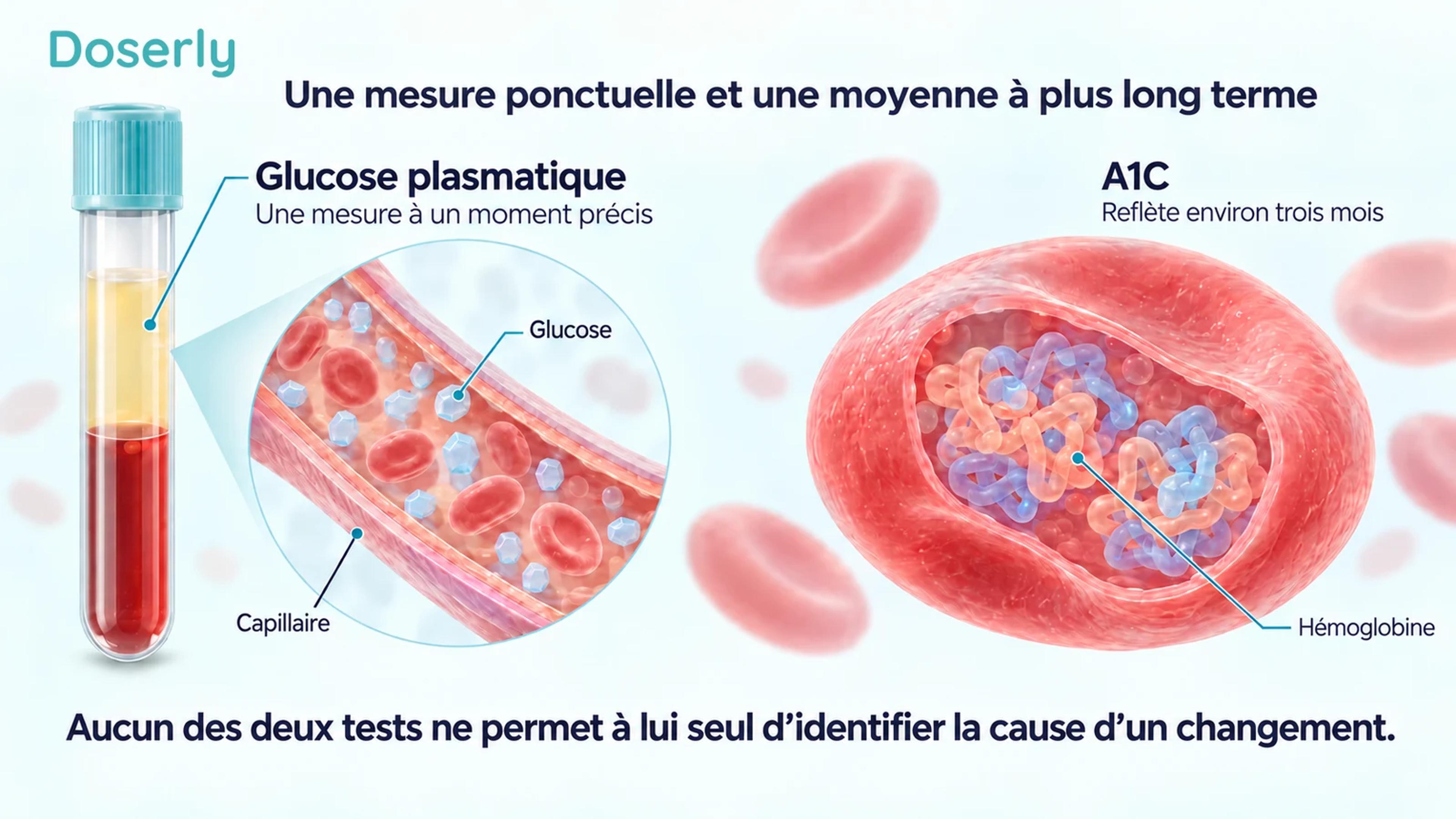 Un échantillon de sang et un capillaire illustrent le glucose plasmatique, tandis qu’une vue en coupe d’un globule rouge illustre l’hémoglobine et l’A1C.