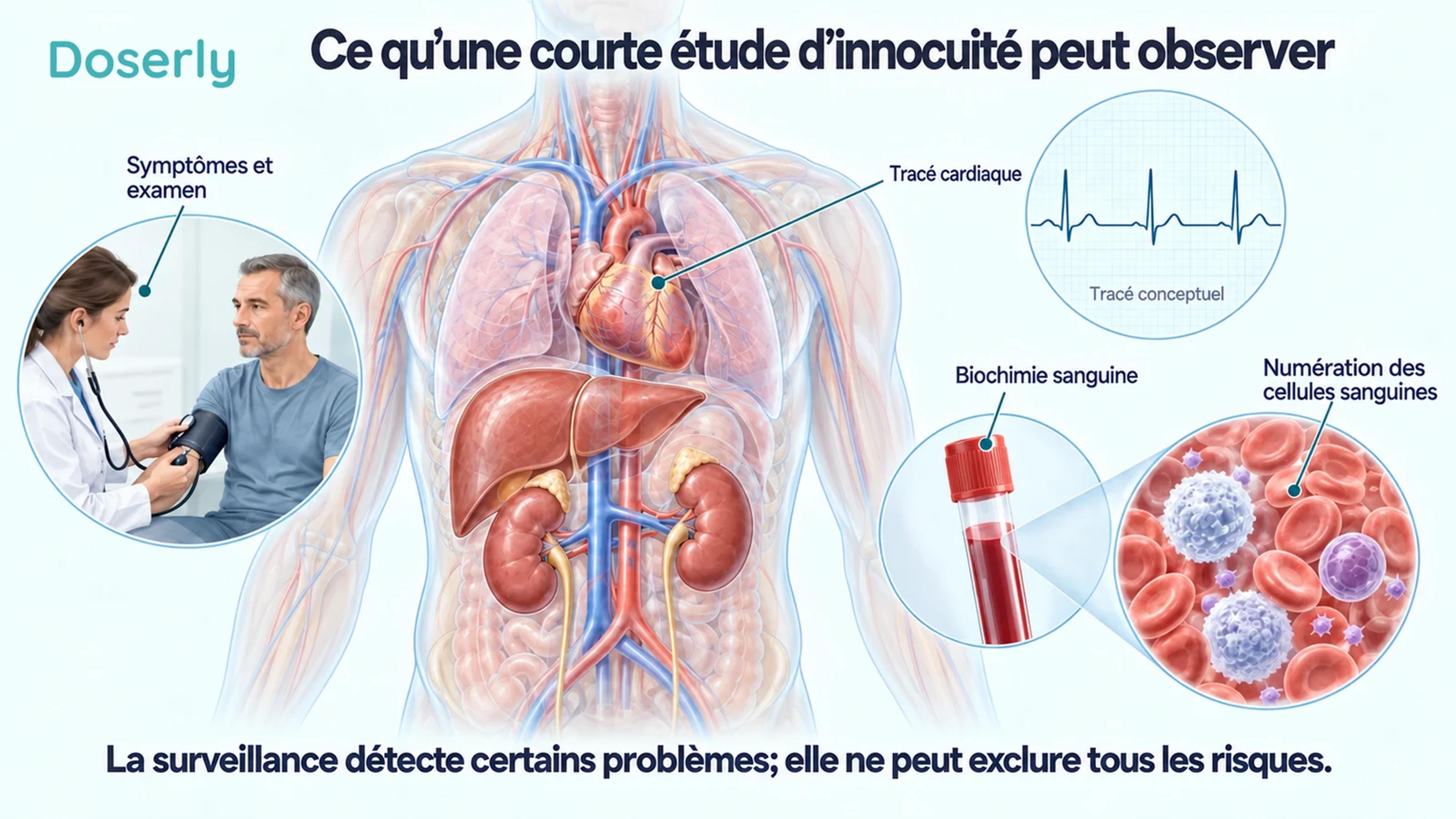 Torse translucide montrant le cœur, le foie et les reins, à côté d’une prise de sang, d’un tracé cardiaque conceptuel et d’un examen clinique.