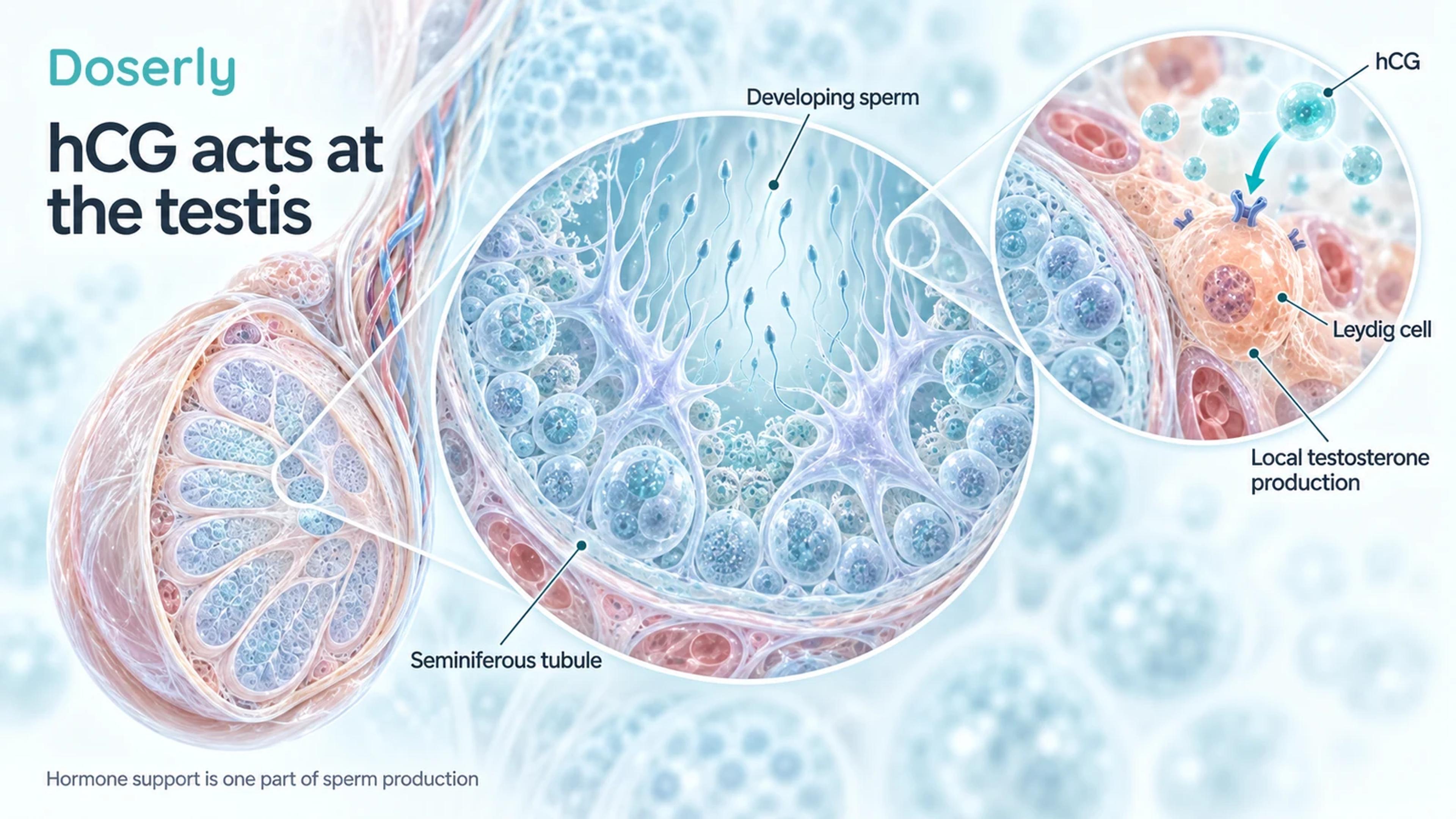 Testis and seminiferous tubule cutaways with an inset of hCG approaching a receptor on a Leydig cell outside the tubule.