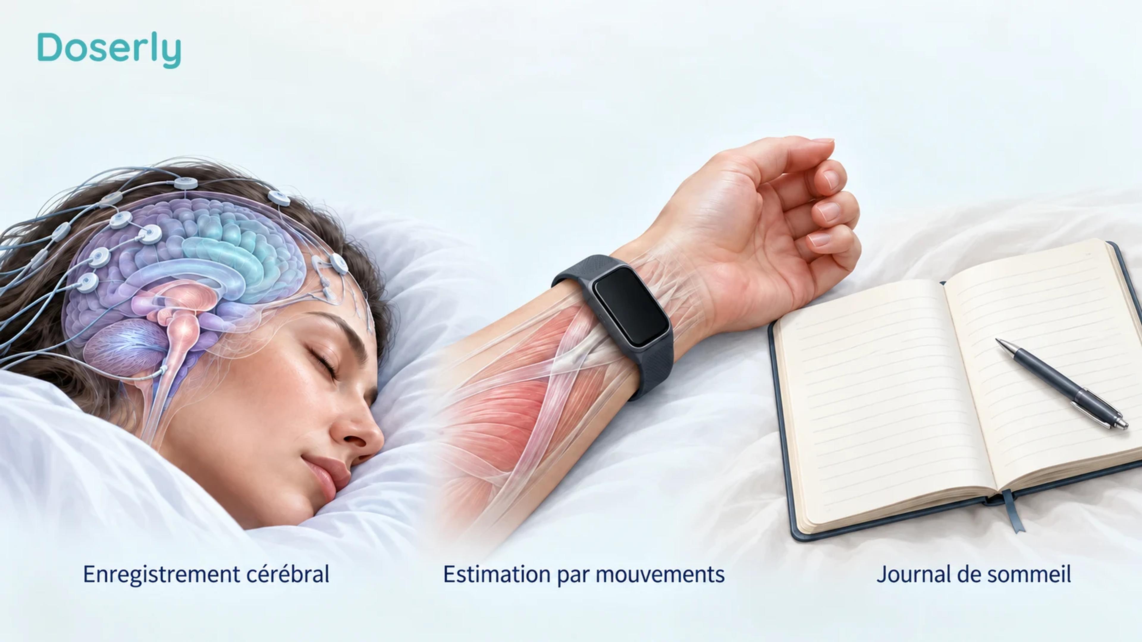 Une représentation anatomique d’une tête endormie munie de capteurs EEG figure à côté d’un capteur d’activité au poignet et d’un journal de sommeil vierge.