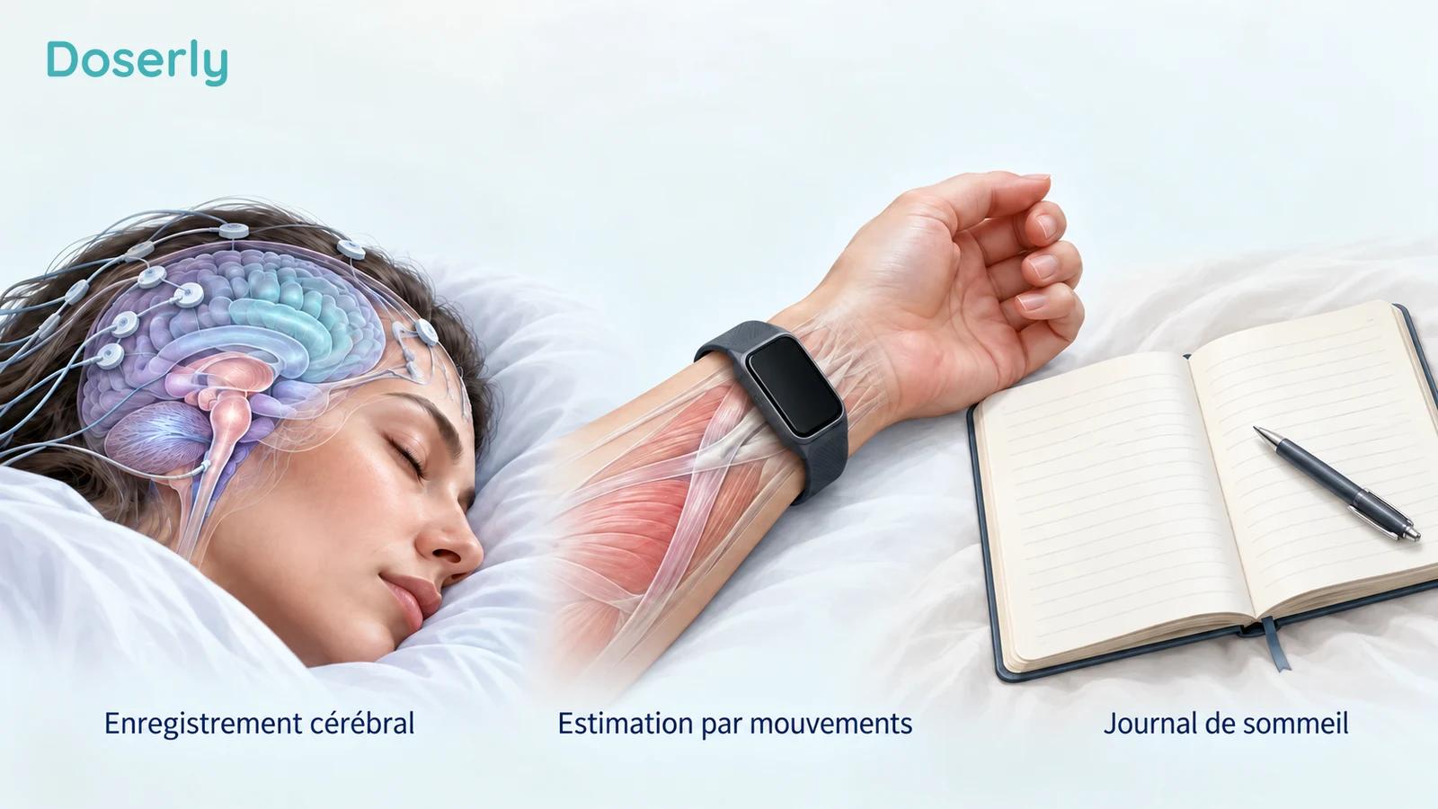 Une représentation anatomique d’une tête endormie munie de capteurs EEG figure à côté d’un capteur d’activité au poignet et d’un journal de sommeil vierge.