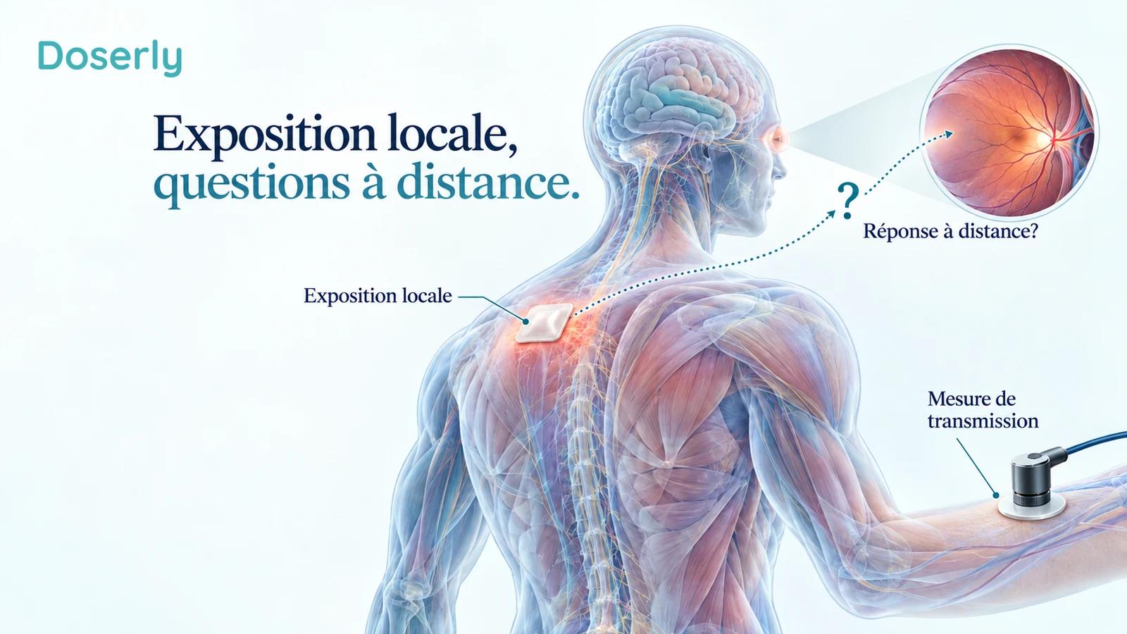 Un torse humain translucide avec une petite exposition de surface et un encadré distinct de tissu éloigné illustre la distinction non résolue entre transmission lumineuse et signalisation systémique.