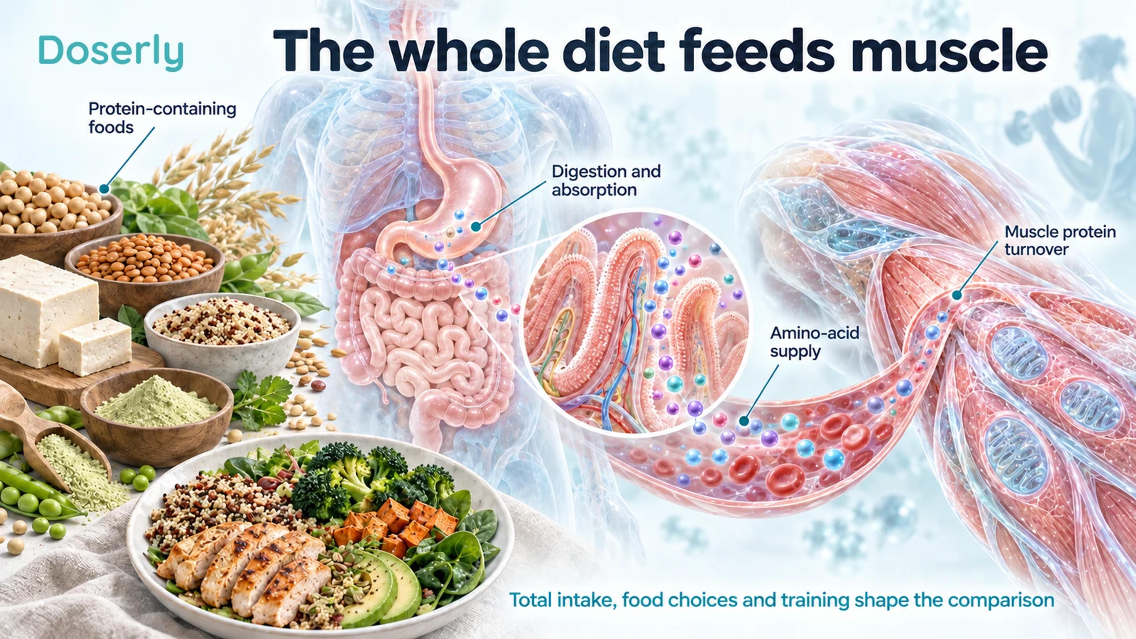Foods, digestive anatomy, intestinal villi and a muscle cutaway illustrate how the whole diet supplies amino acids.
