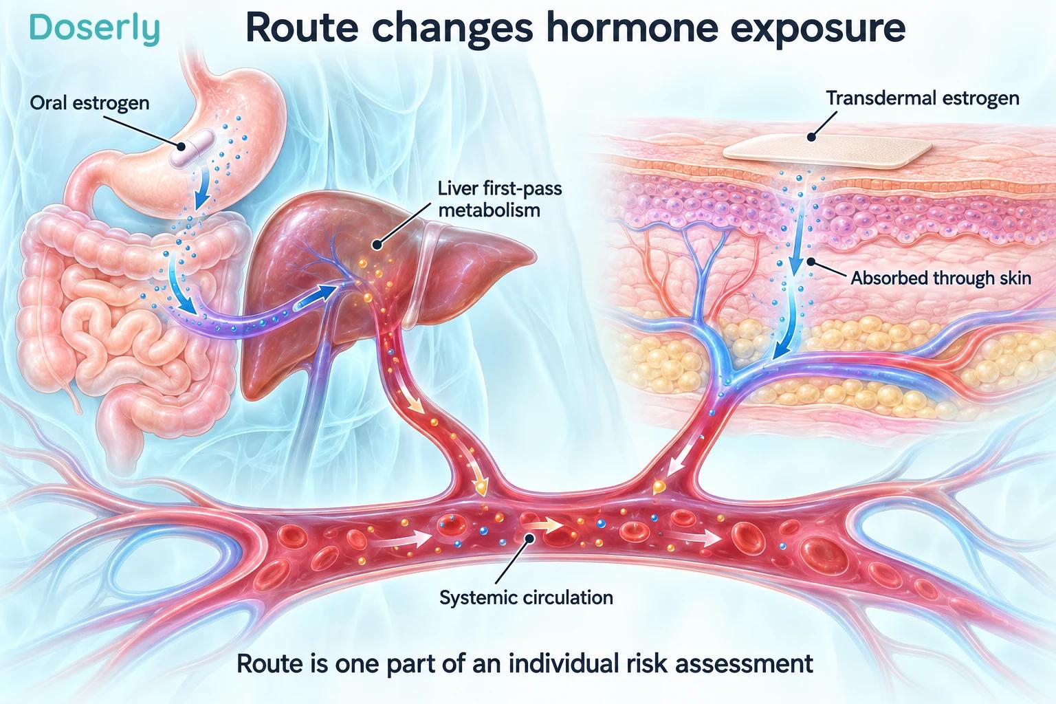 Digestive absorption through the liver and absorption through skin illustrate oral and transdermal estrogen routes.