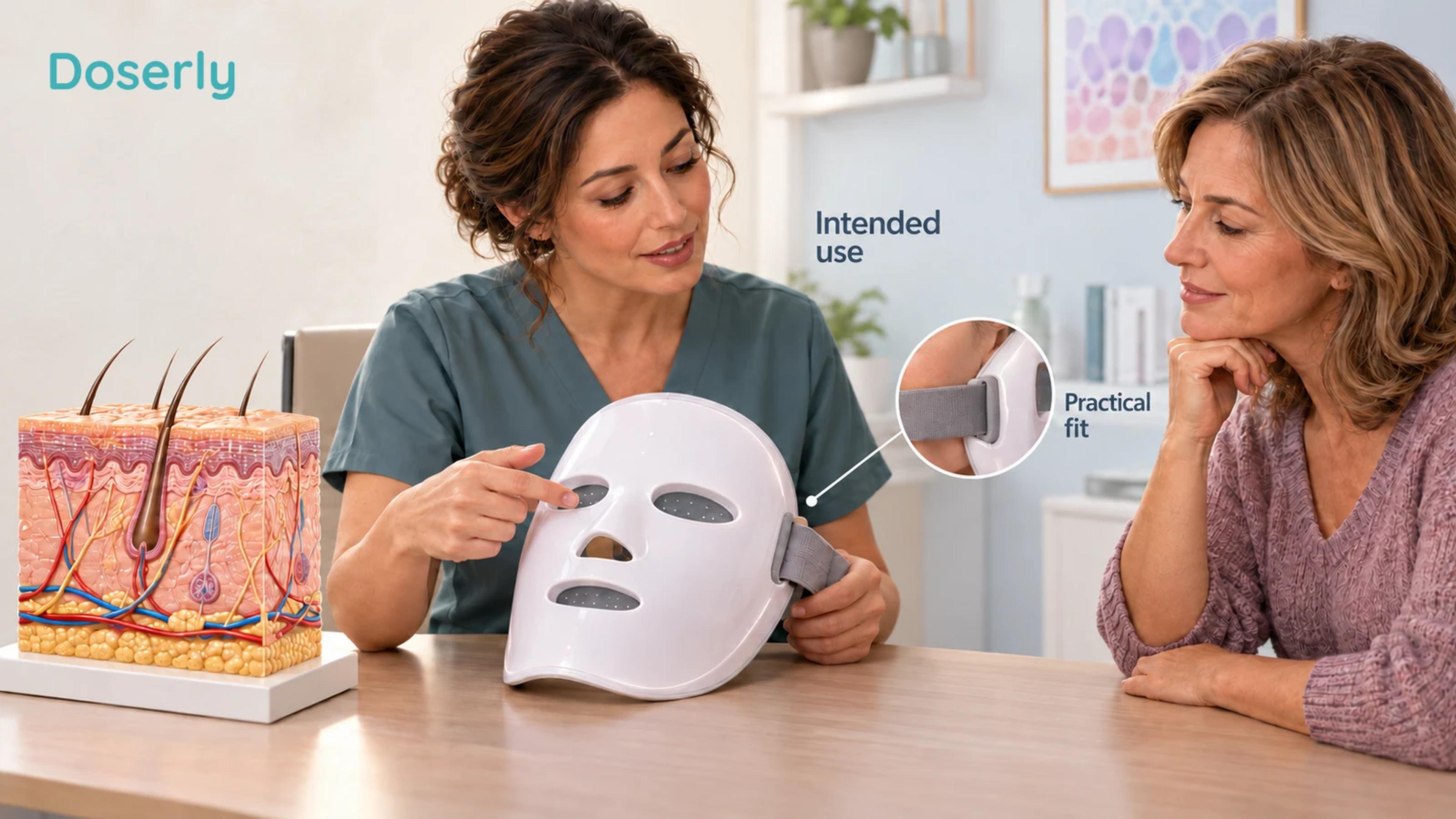 A clinician and adult examine an unlit facial device beside a detailed skin model during a consultation.
