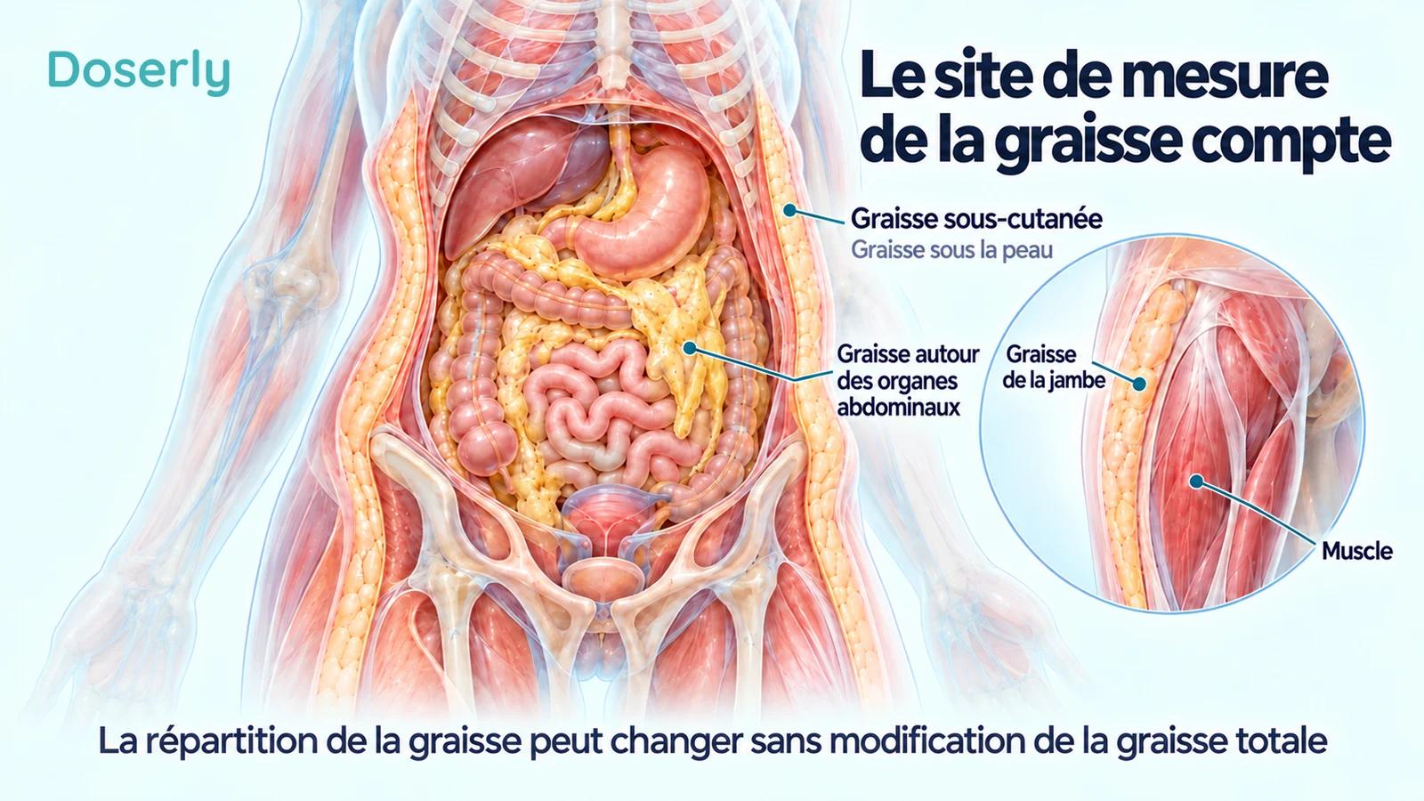Coupe du torse montrant la graisse sous la peau et autour des organes abdominaux, avec un encadré distinct de la cuisse montrant la graisse et les muscles de la jambe.