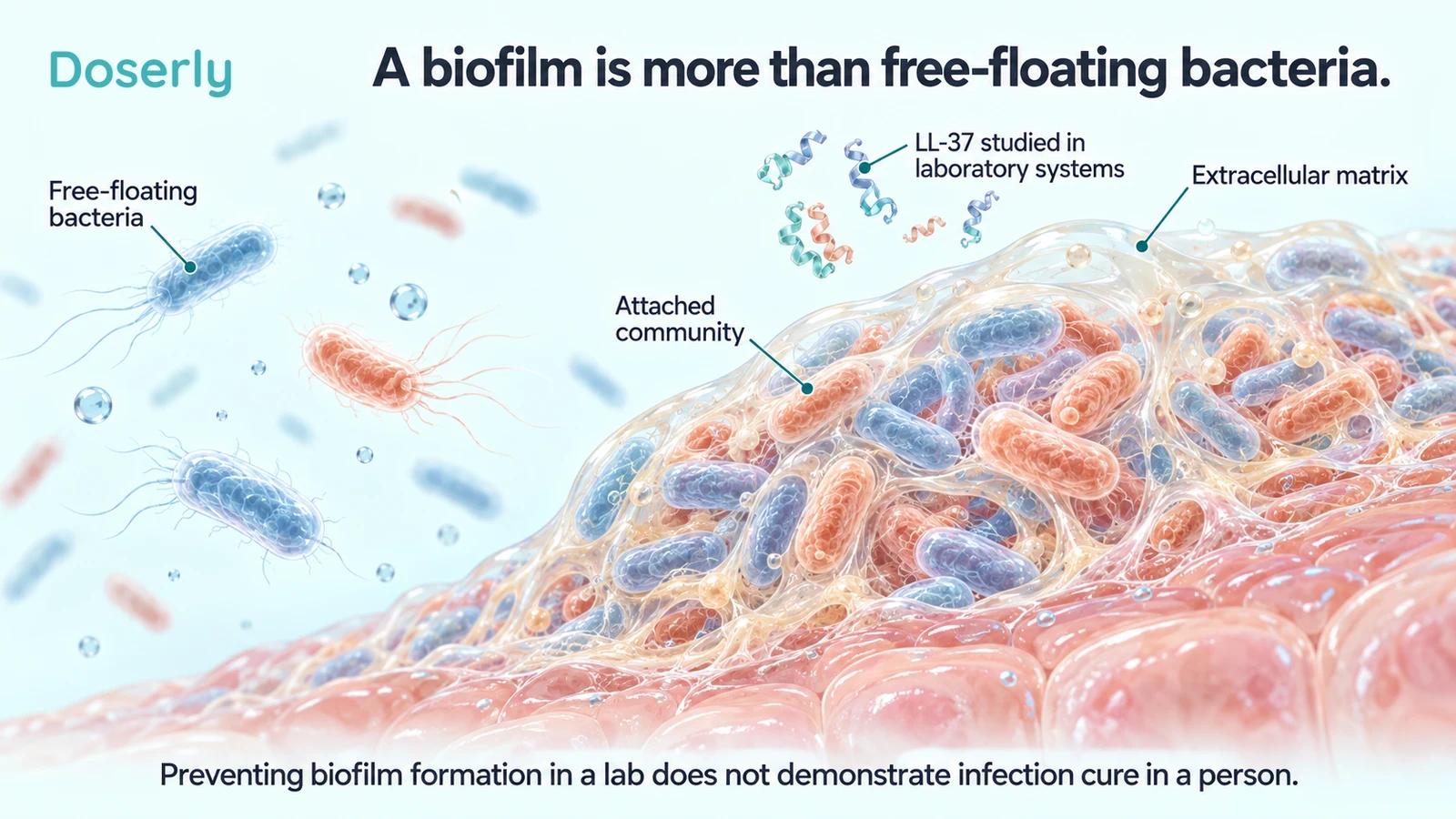 Detailed conceptual bacterial biofilm attached to tissue beside free-floating bacteria in fluid.