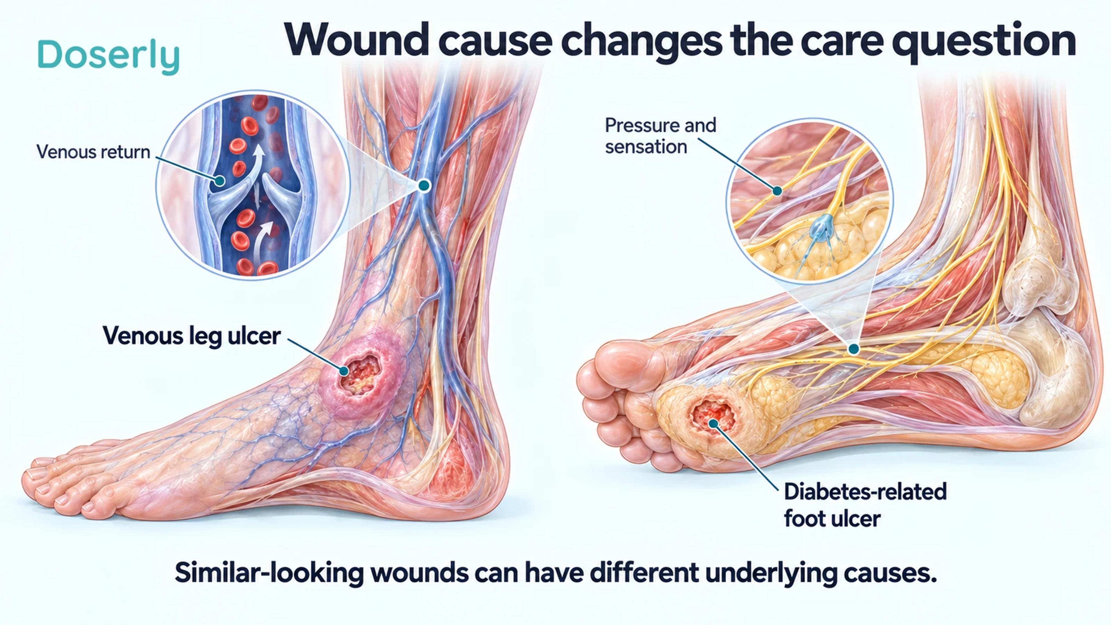 A venous leg ulcer with vein anatomy and a diabetes-related foot ulcer with nerve anatomy illustrate different wound causes.