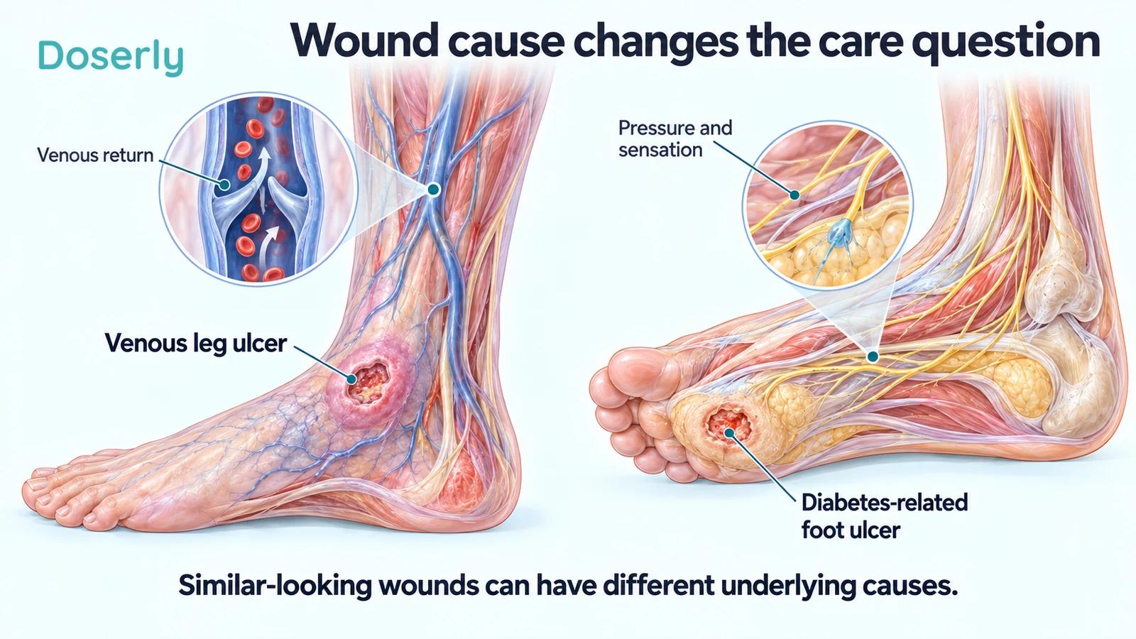 A venous leg ulcer with vein anatomy and a diabetes-related foot ulcer with nerve anatomy illustrate different wound causes.