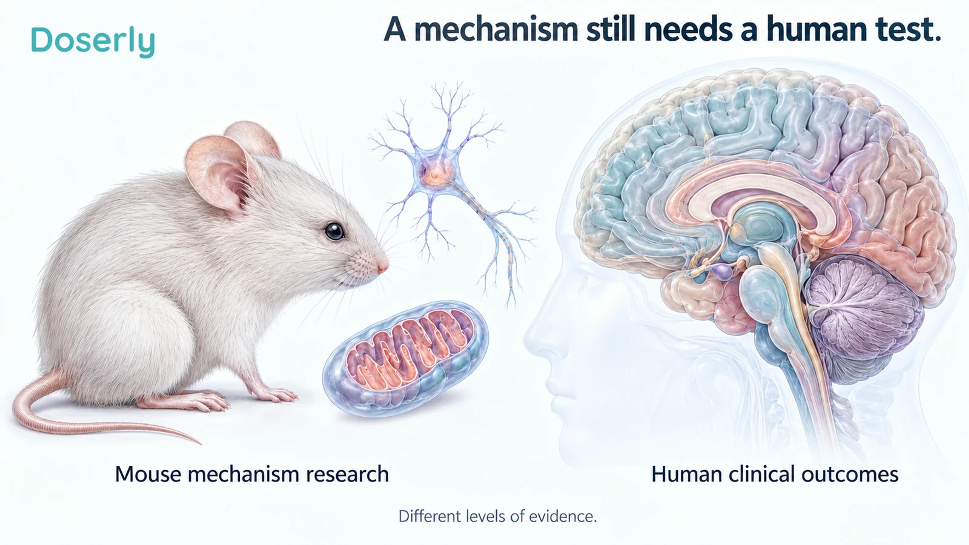 A mouse and neuron illustrations are separated from a human brain to distinguish mechanism research from clinical testing.