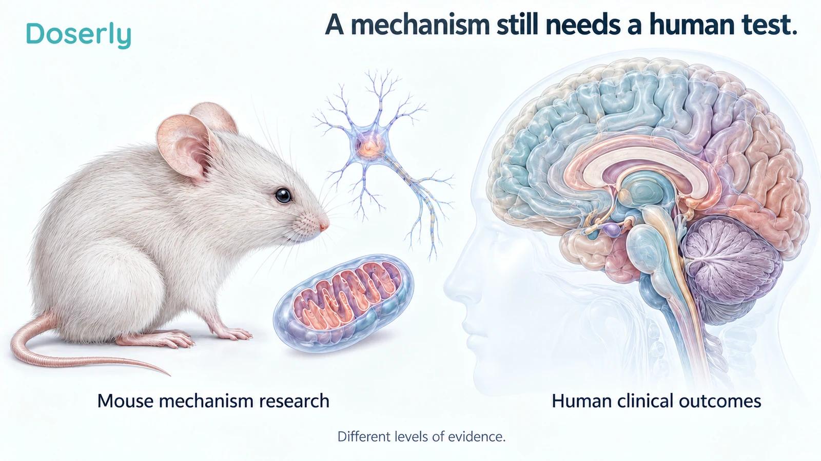 A mouse and neuron illustrations are separated from a human brain to distinguish mechanism research from clinical testing.