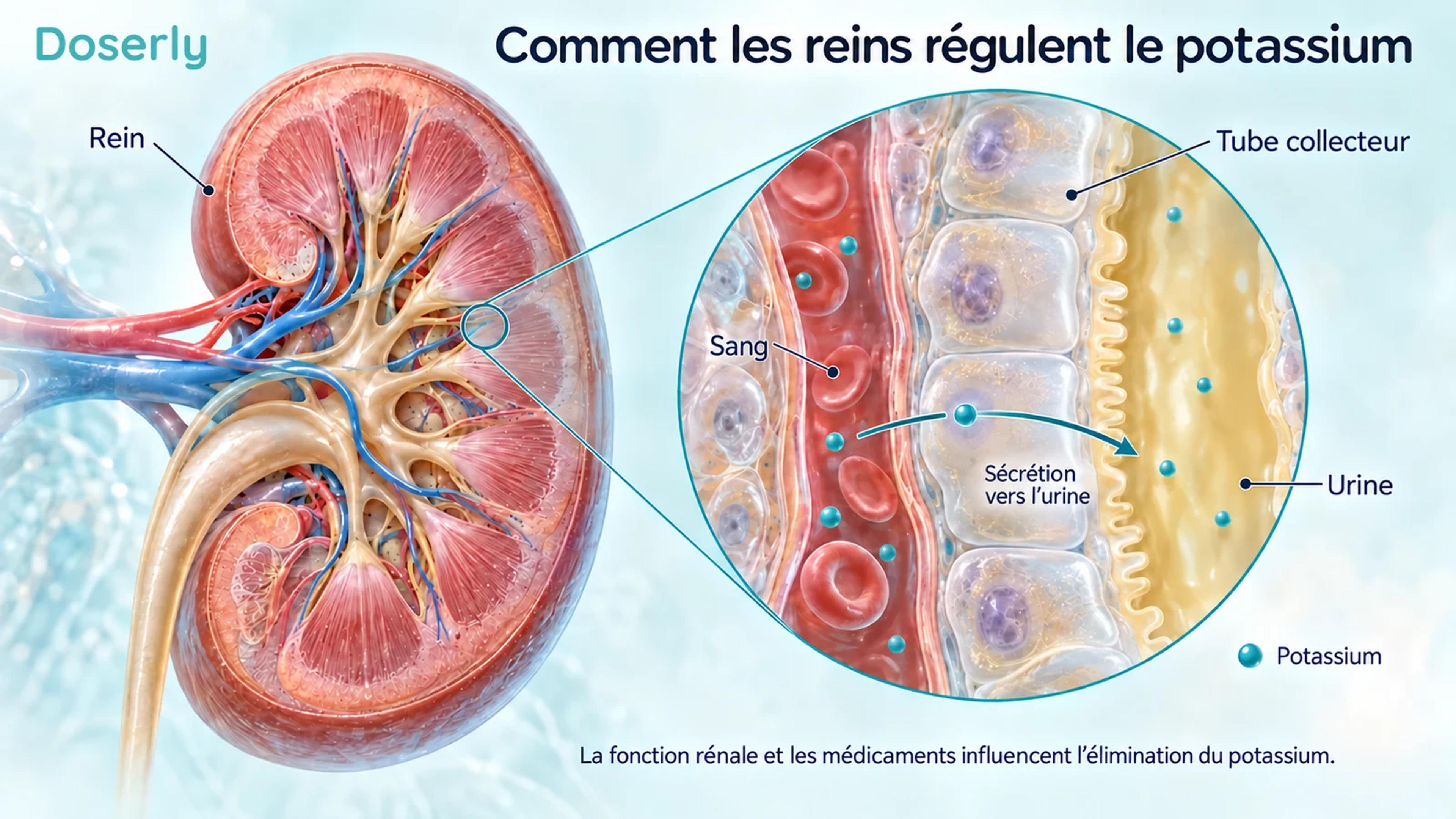 Vue en coupe d’un rein et d’un tube collecteur illustrant la sécrétion du potassium du sang vers l’urine.