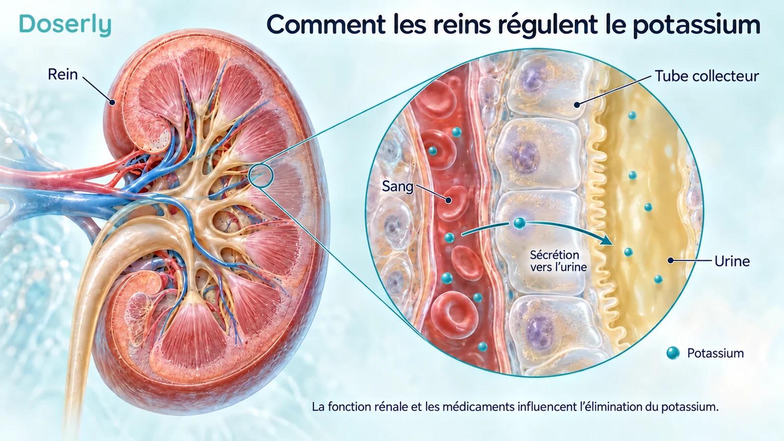 Vue en coupe d’un rein et d’un tube collecteur illustrant la sécrétion du potassium du sang vers l’urine.
