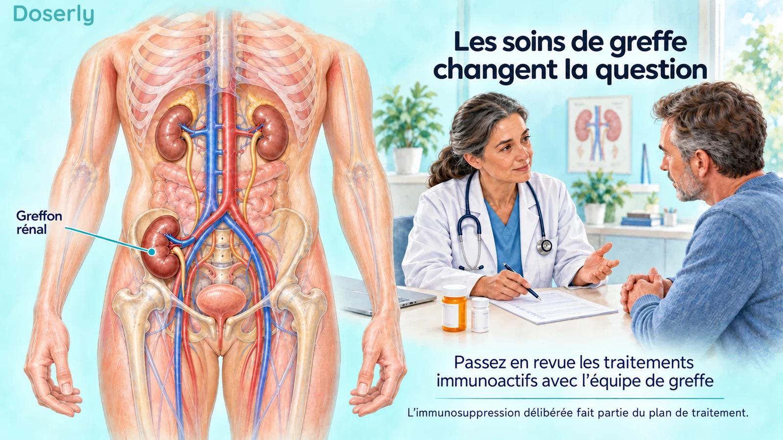 Une illustration anatomique d’un greffon rénal dans le bas de l’abdomen, à côté d’un patient qui passe ses médicaments en revue avec un clinicien