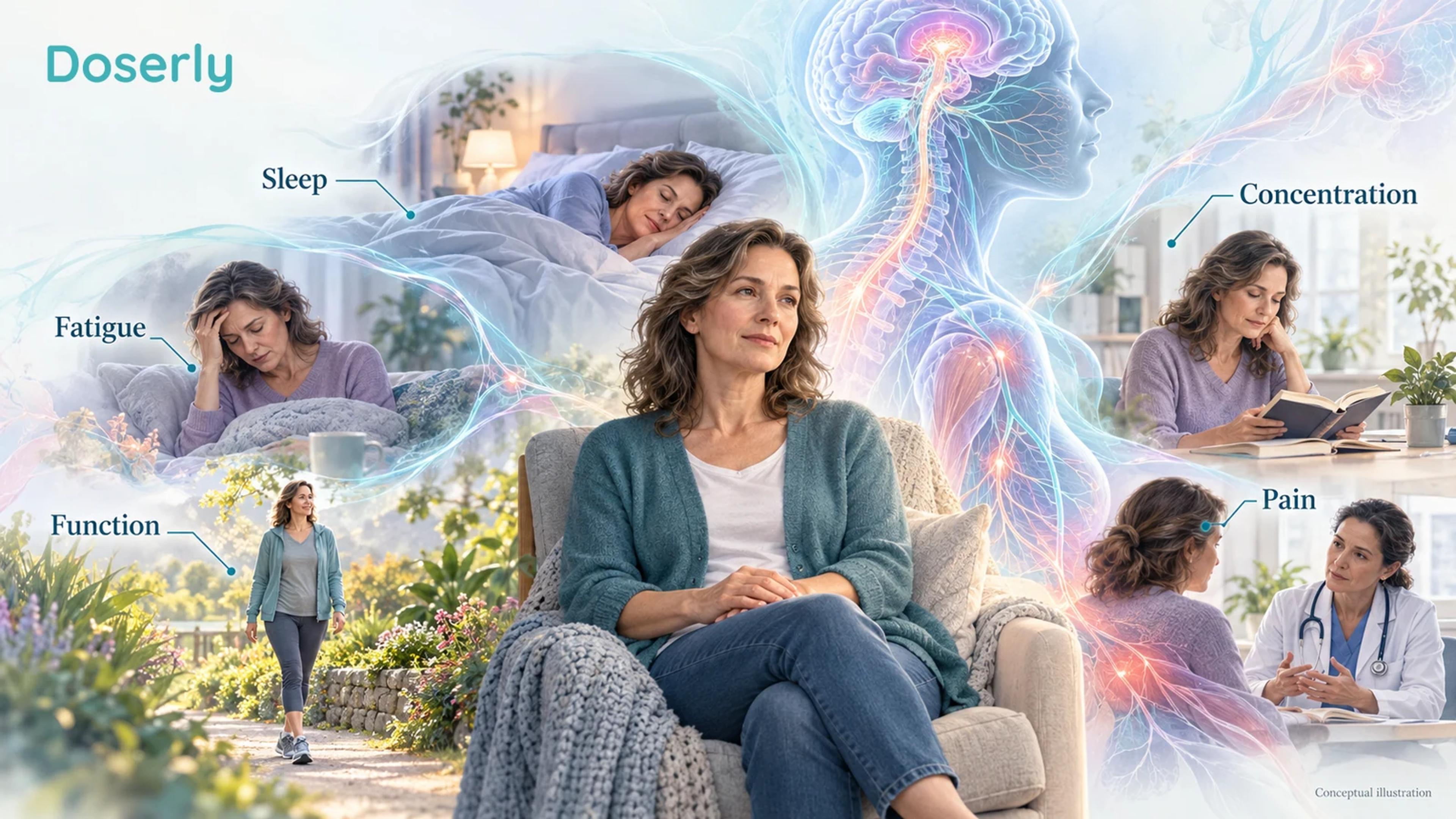 A seated person is surrounded by detailed scenes representing sleep, walking, concentration and a conversation about pain.