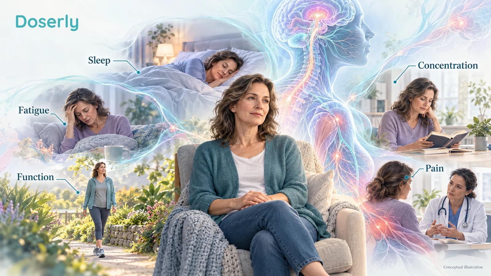 A seated person is surrounded by detailed scenes representing sleep, walking, concentration and a conversation about pain.