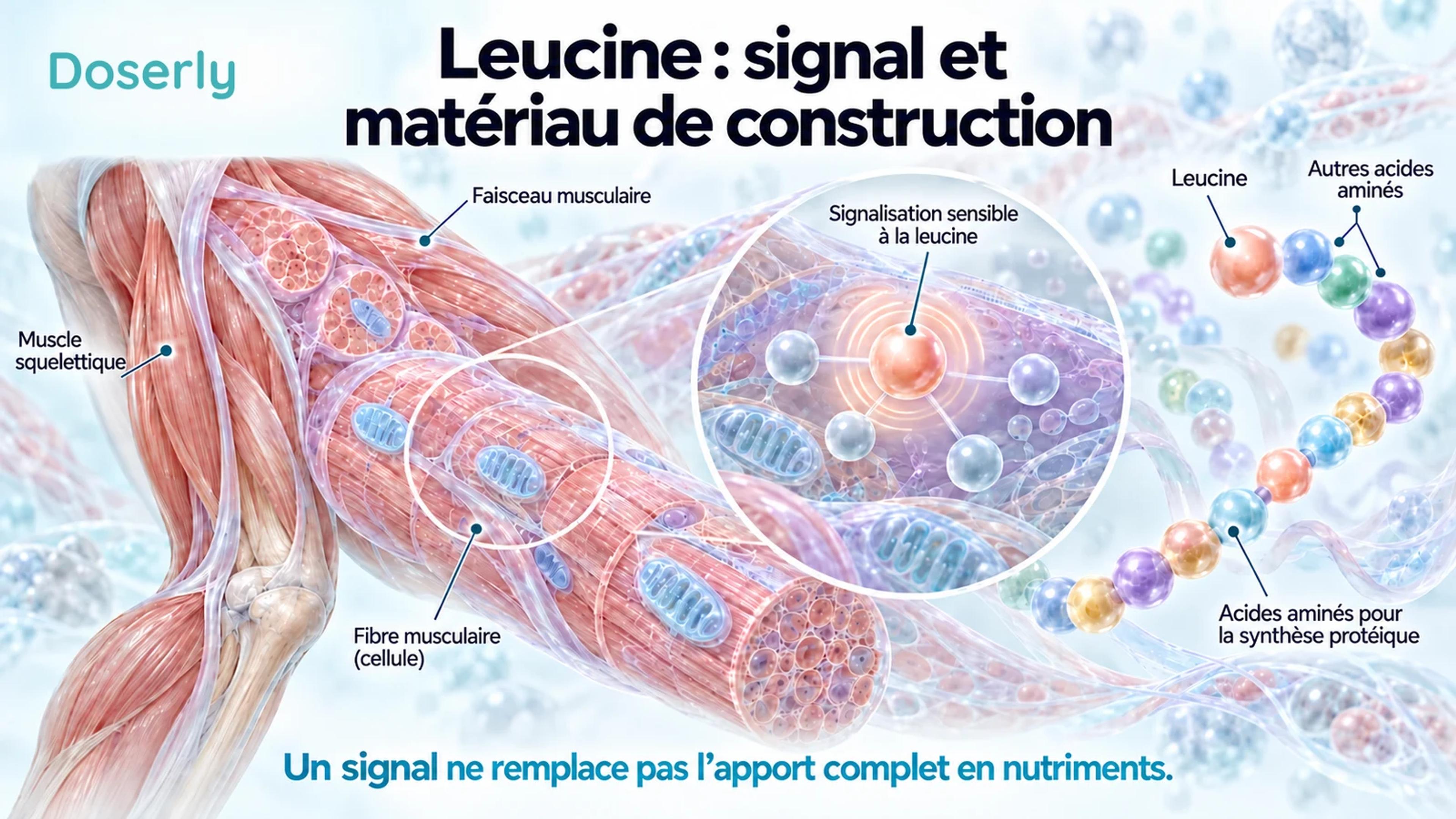 Une illustration translucide d’un muscle distingue la signalisation sensible à la leucine des divers acides aminés utilisés dans la synthèse protéique.