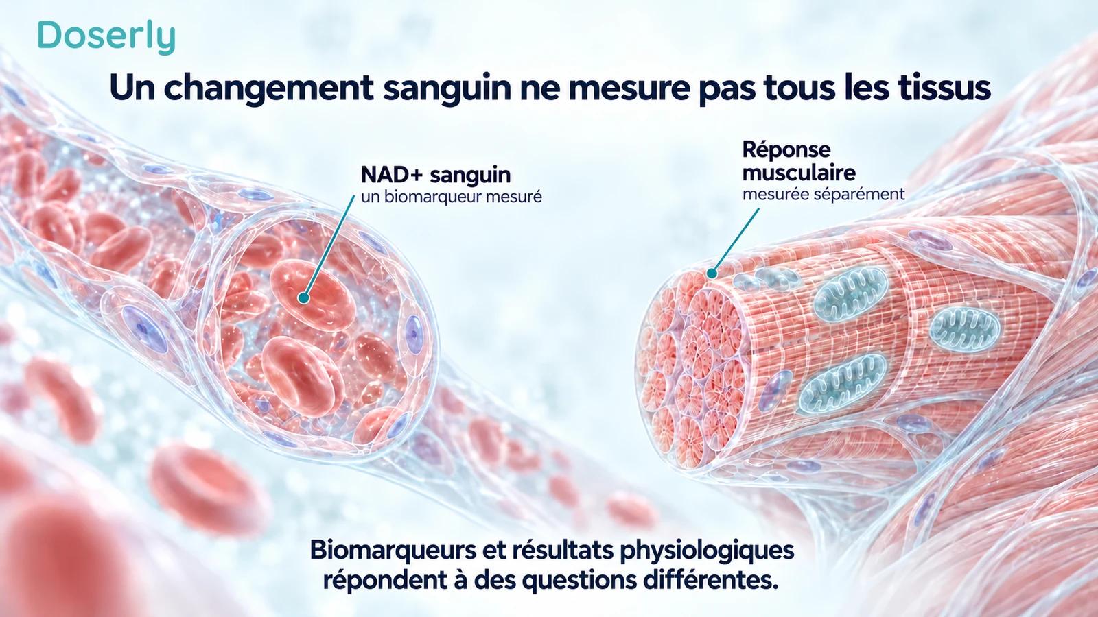 Des illustrations détaillées d’un capillaire et du muscle squelettique distinguent les mesures du NAD sanguin des réponses musculaires évaluées séparément.