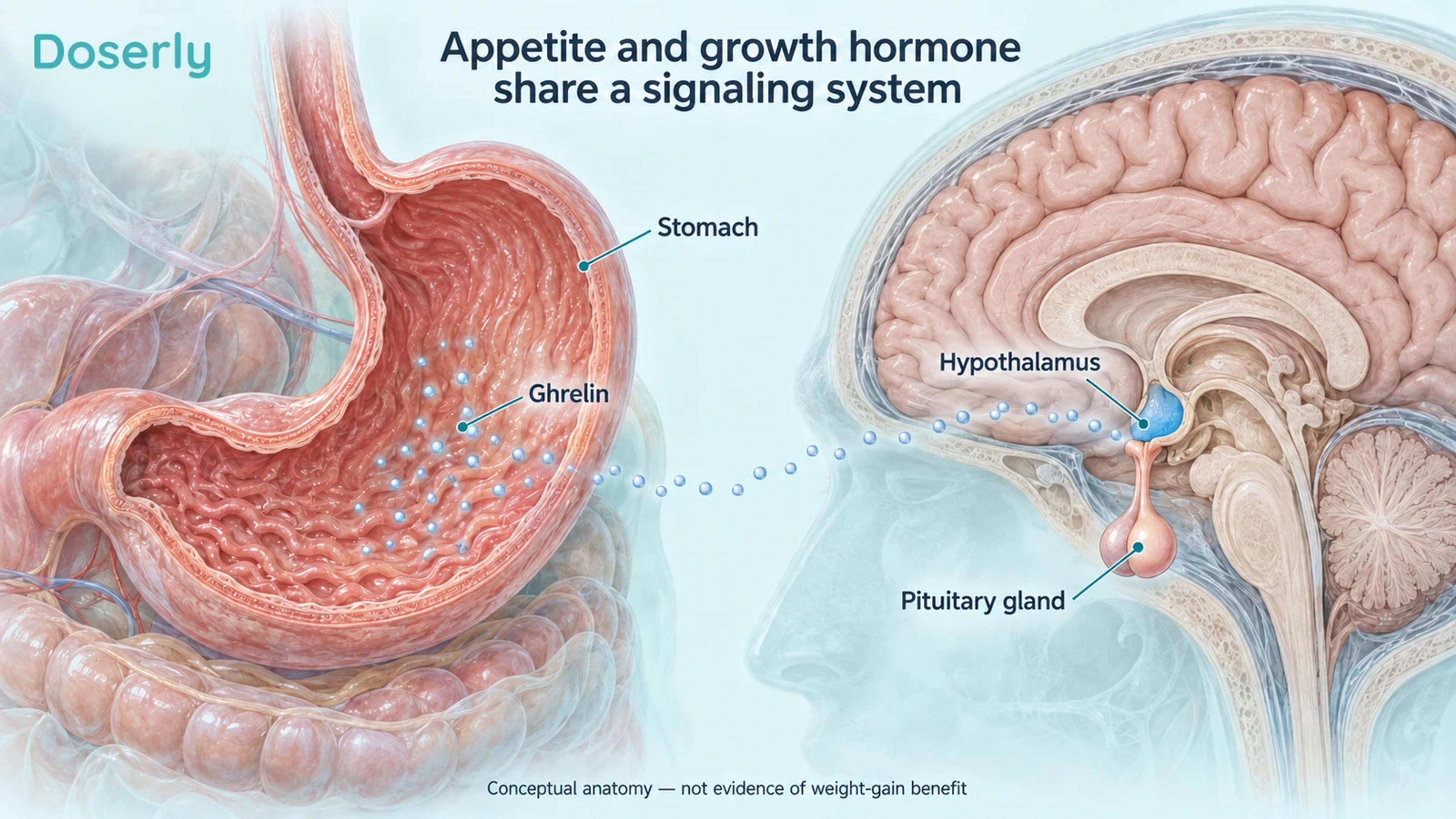 Detailed stomach and brain cutaways showing the hypothalamus and pituitary gland associated with appetite and hormone signaling.