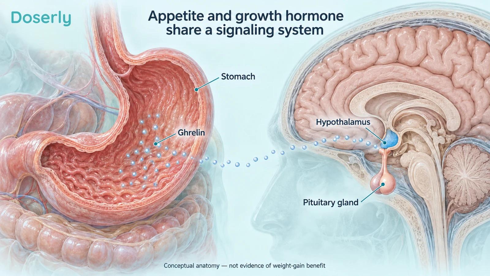 Detailed stomach and brain cutaways showing the hypothalamus and pituitary gland associated with appetite and hormone signaling.