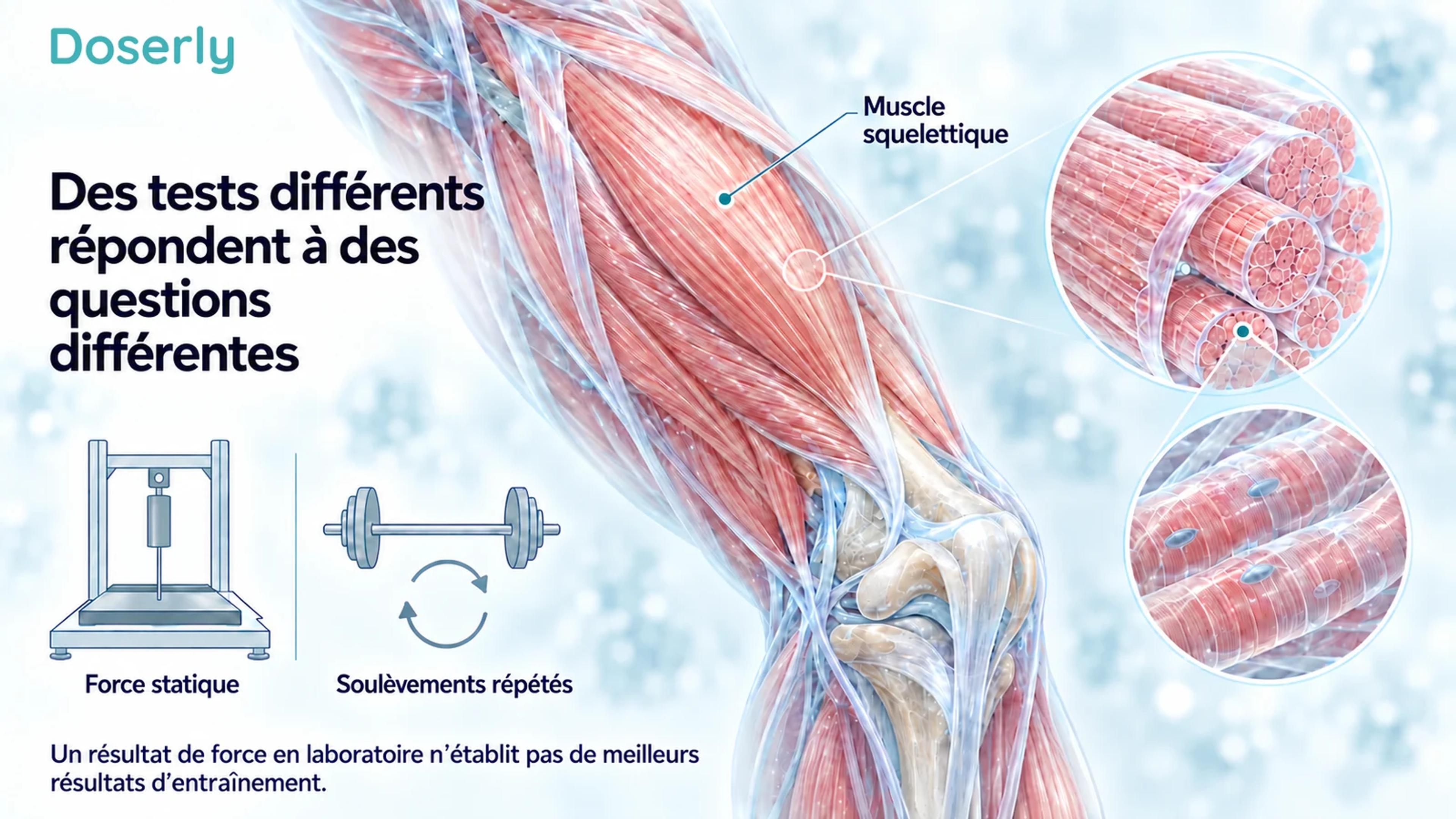 Illustration détaillée de la cuisse, du genou et des fibres musculaires à côté de petits symboles représentant la force statique et le soulèvement répété de charges.