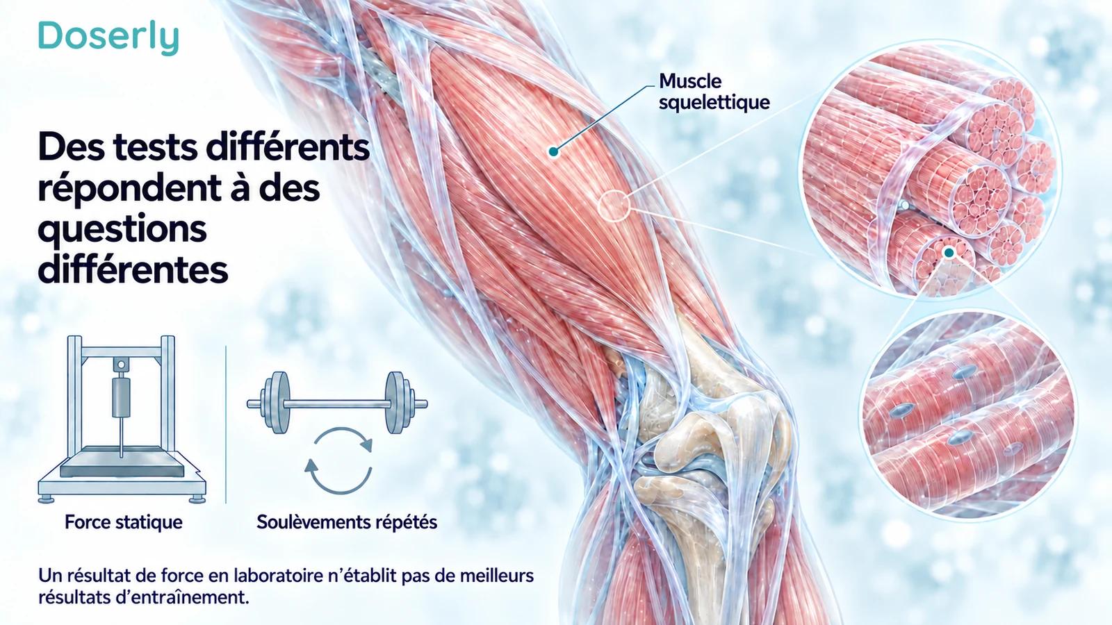 Illustration détaillée de la cuisse, du genou et des fibres musculaires à côté de petits symboles représentant la force statique et le soulèvement répété de charges.