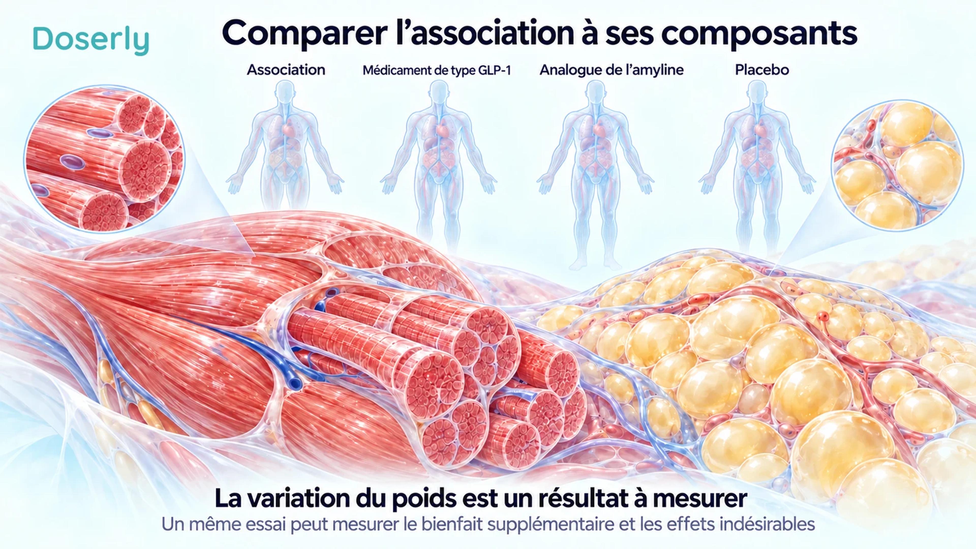 Du muscle squelettique et du tissu adipeux détaillés, sous quatre silhouettes identiques de type atlas, montrent la comparaison d’une association avec chacun de ses composants et un placebo.