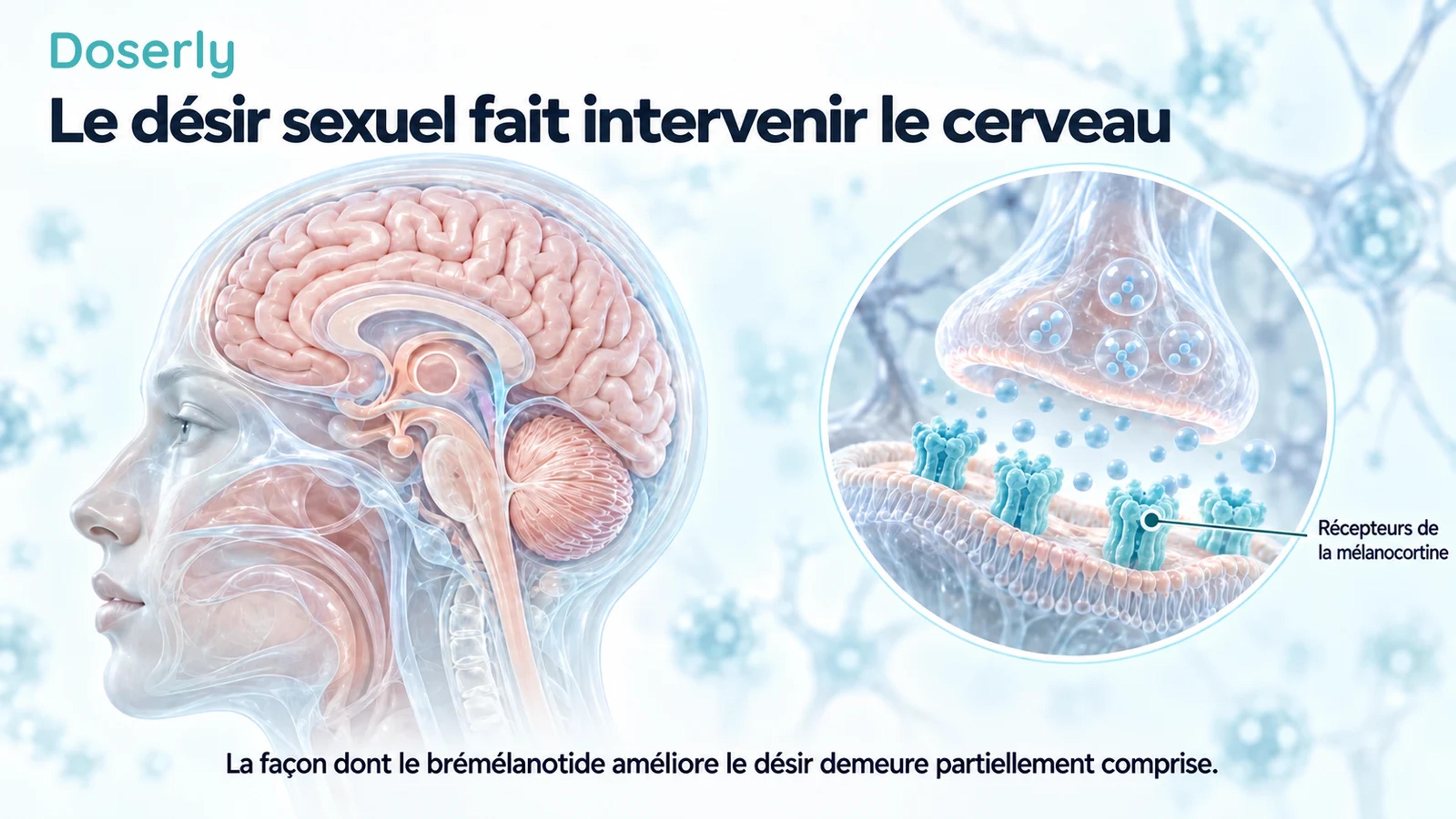 Anatomie translucide du cerveau à côté d’une représentation conceptuelle d’une membrane neuronale et de récepteurs de la mélanocortine.