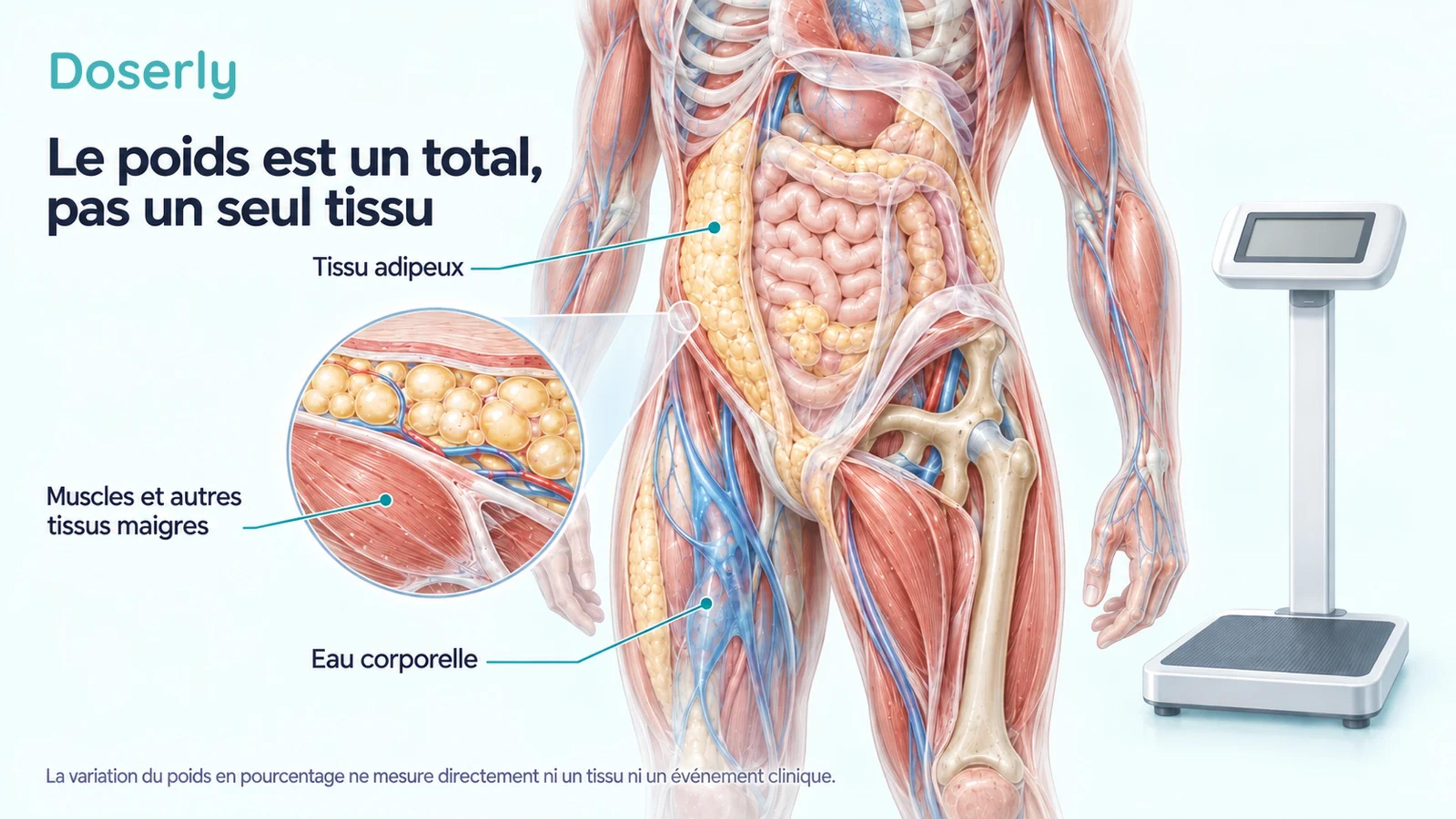 Anatomie corporelle translucide montrant la graisse, les muscles et les autres tissus maigres, ainsi que l’eau corporelle, à côté d’une balance de clinique.