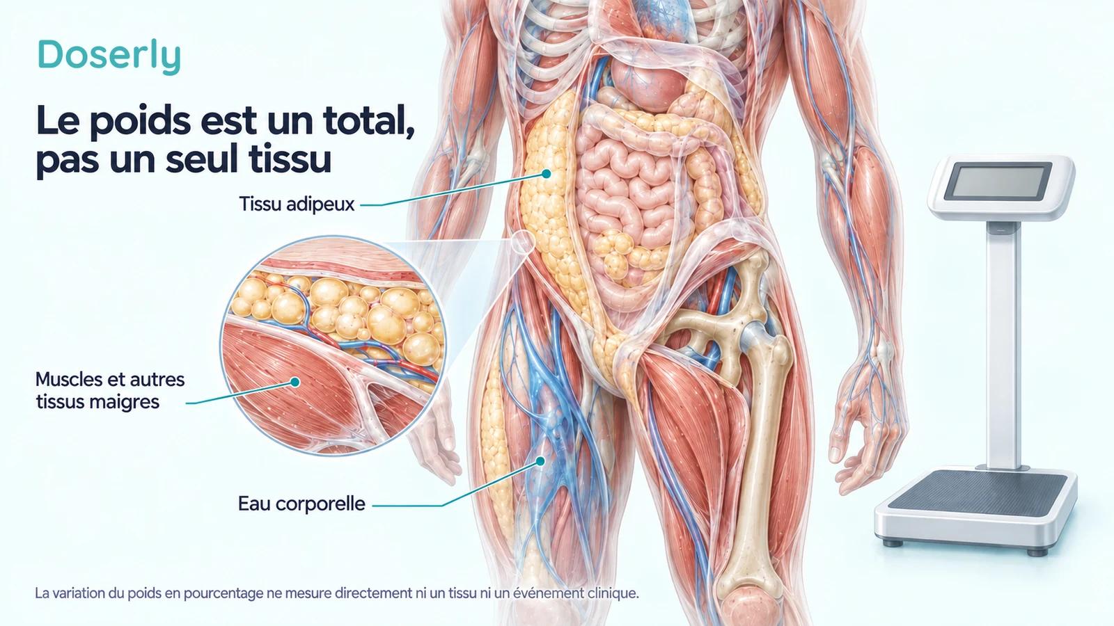 Anatomie corporelle translucide montrant la graisse, les muscles et les autres tissus maigres, ainsi que l’eau corporelle, à côté d’une balance de clinique.